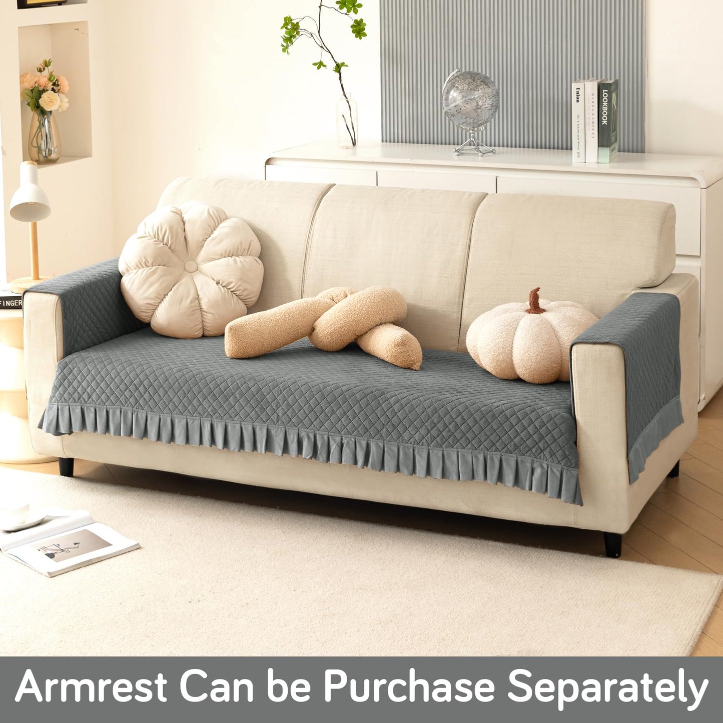 Holland Velvet Sofa Cover Seat Mat with Frill for 1/2/3 - Seater, Grey