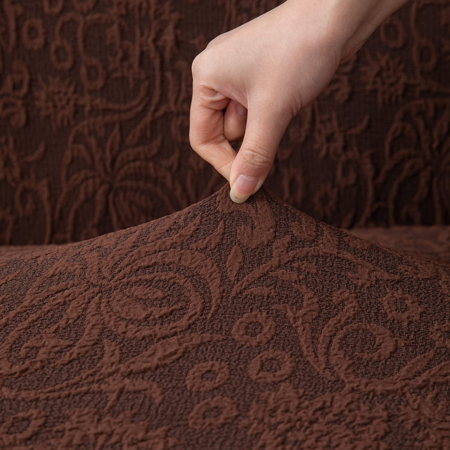 Elastic Stretchable Designer Woven Jacquard Sofa Cover with Frill and Cushion Cover, Pecan Brown