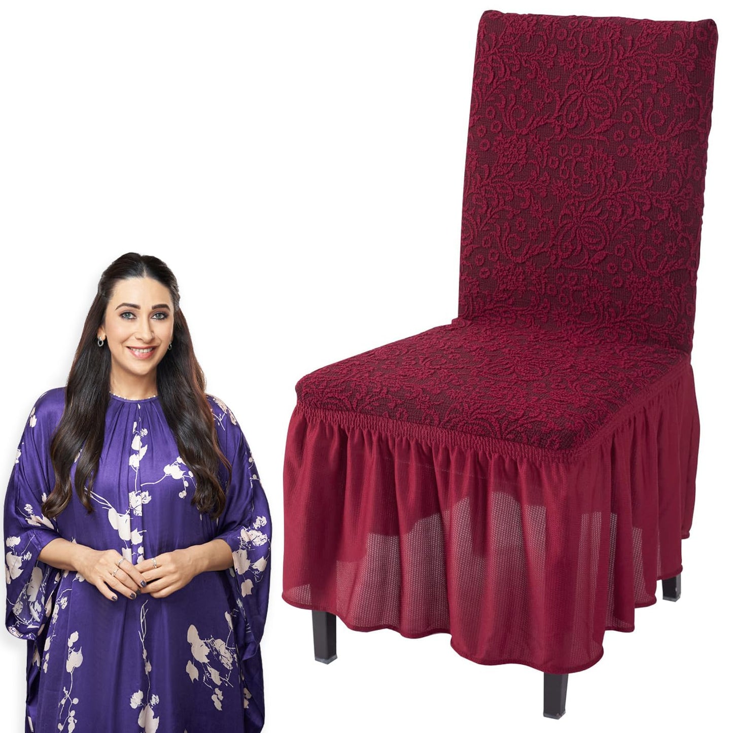 Elastic Stretchable Designer Woven Jacquard Dining Chair Cover with Frill, Wine Red
