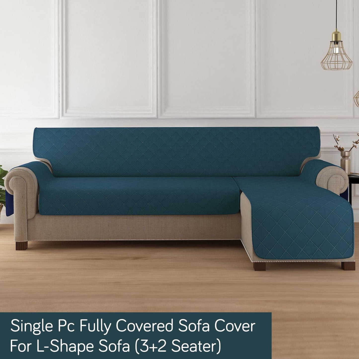HOKIPO Quilted Reversible One Piece L Shape 4/5/6 Seater Sofa Cover Mat, Peacock Blue