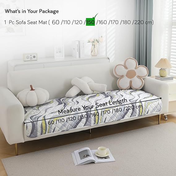 Quilted, Waterproof and Anti-Slip Sofa Cover Mat, Curved Lines Pearl White