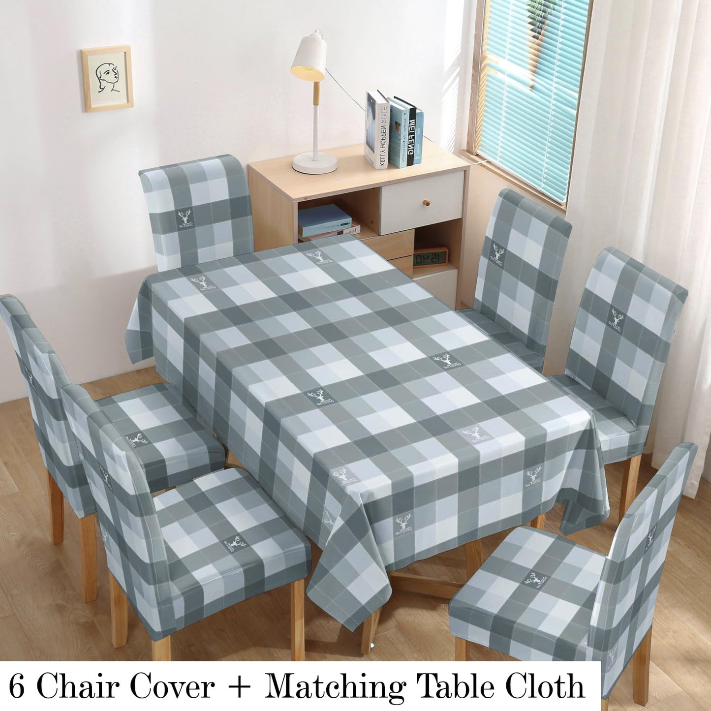 Polyester Dining Chair Covers Set of 4/6 with Matching Tablecloth, Checks Grey