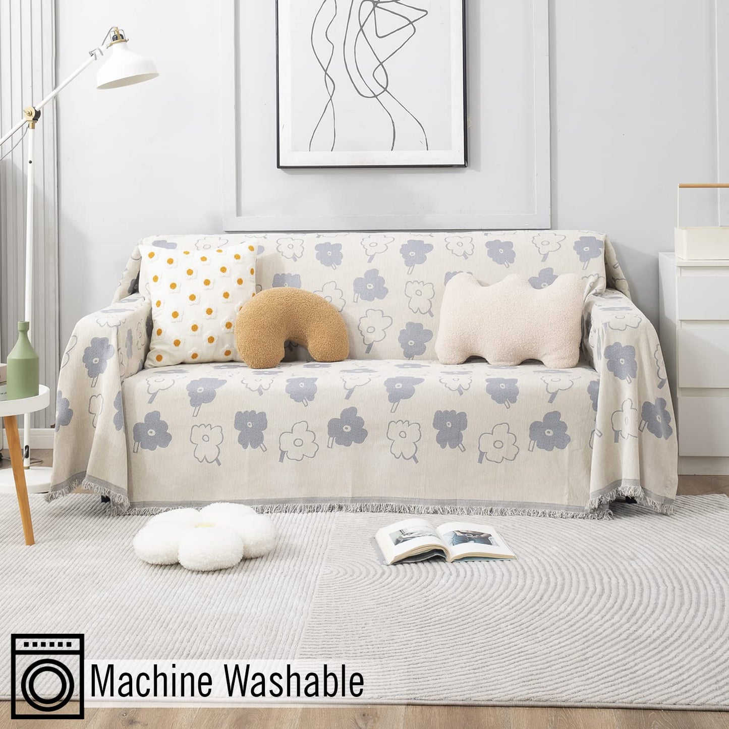 3 seater elegant off white floral print colour chenille sofa throw of size 180(D)x300(L)