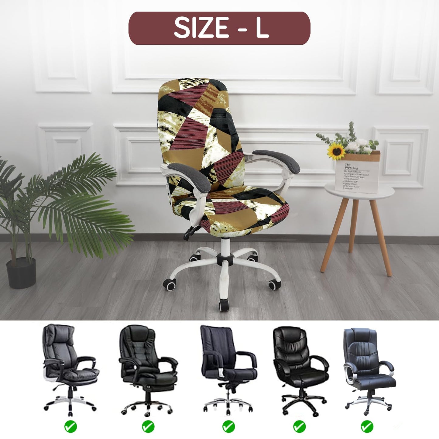 HOKIPO 140gsm Stretchable Office Chair Cover, Wine Abstract Geometry - Medium / Large