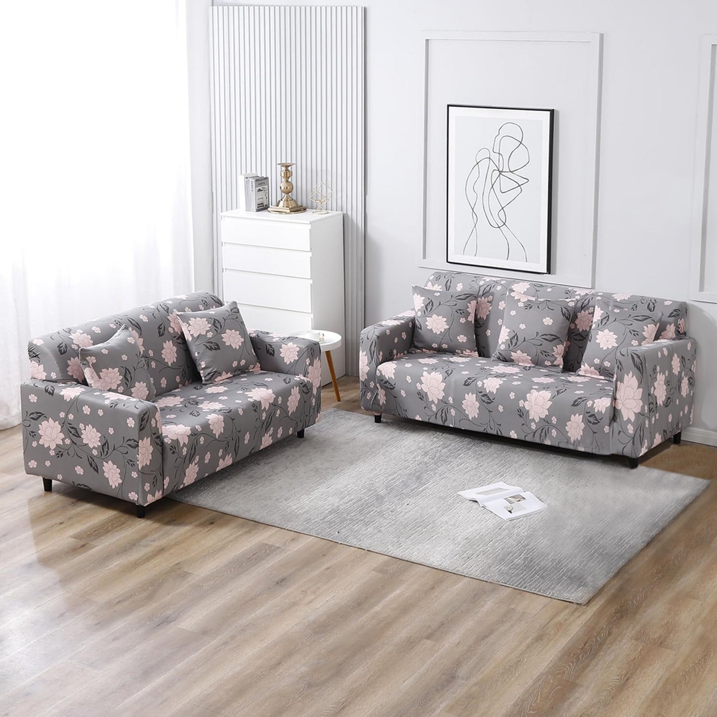 Grey Dahila Printed elastic sofa cover 3 2 seater sofas