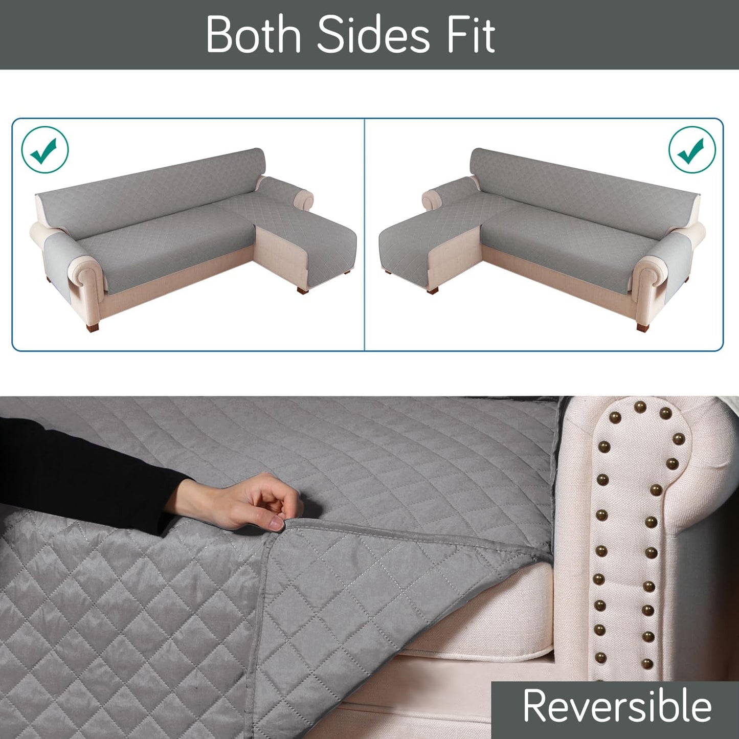 HOKIPO Quilted Reversible One Piece L Shape 4/5/6 Seater Sofa Cover Mat, Light Grey