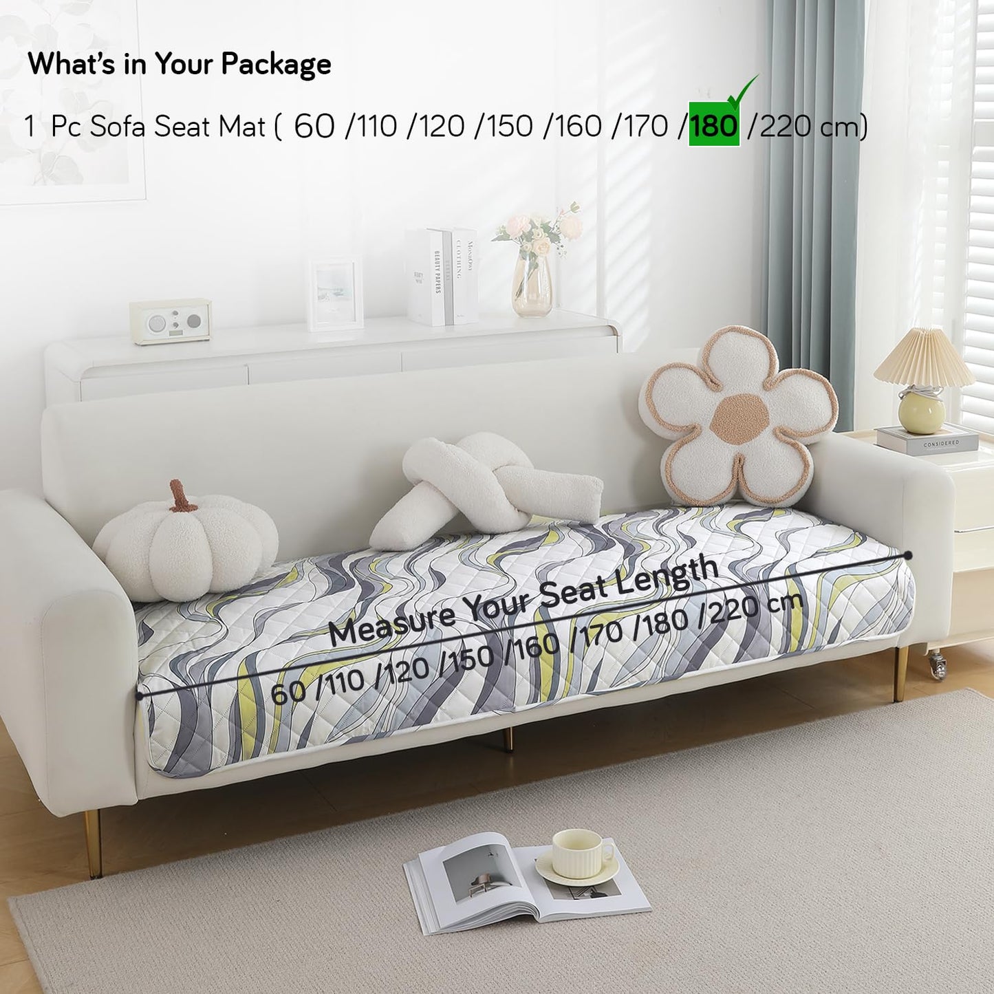 Quilted, Waterproof and Anti-Slip Sofa Cover Mat, Curved Lines Pearl White