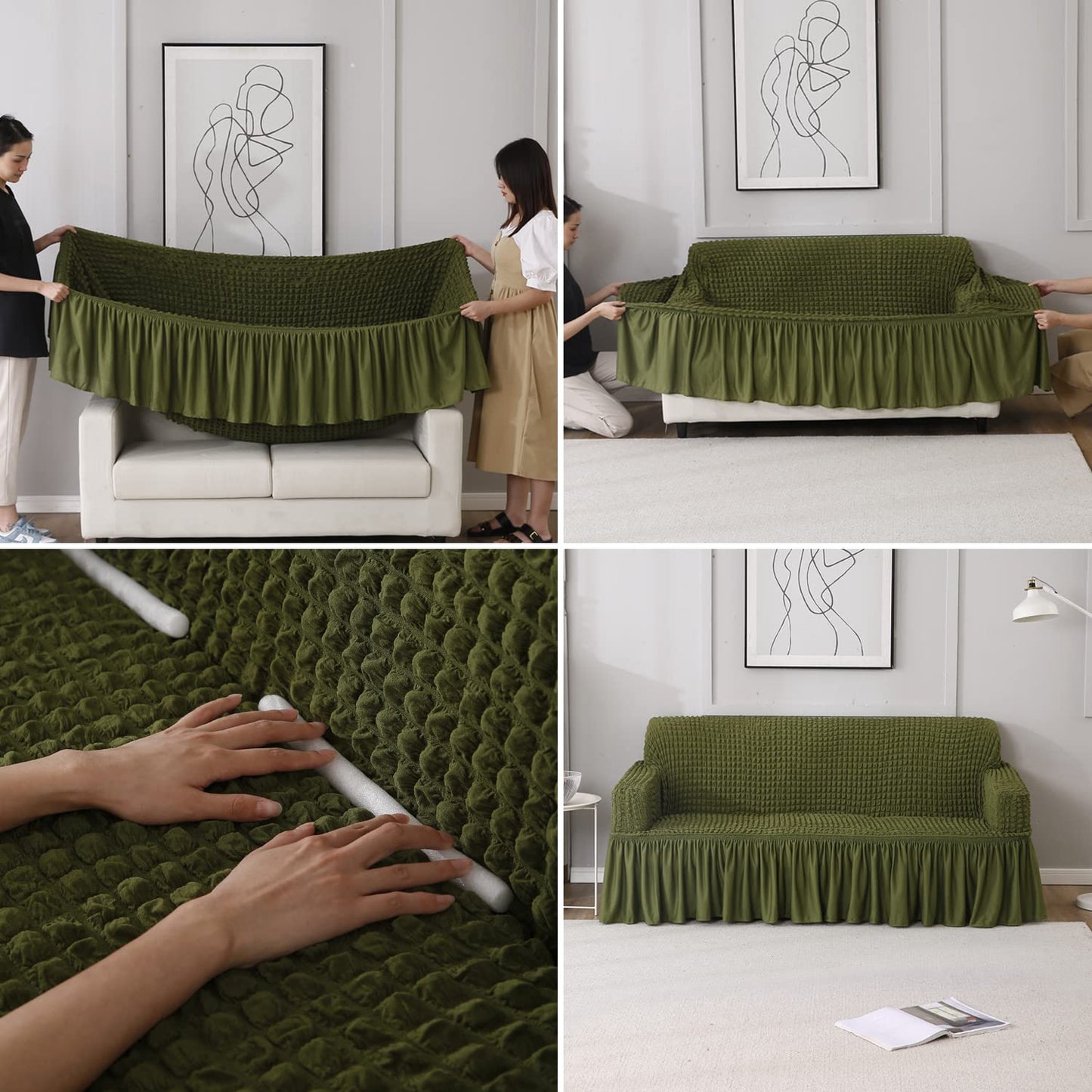 How to put Forest Green stretchable Turkish Bubble frill sofa cover guide