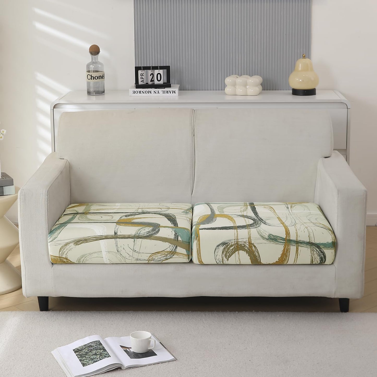 140 GSM Stretchable Printed Elastic Sofa Cushion Seat Cover for 1 /2 /3 Seaters / Pieces for Sofa, Parchement Beige Abstract Art