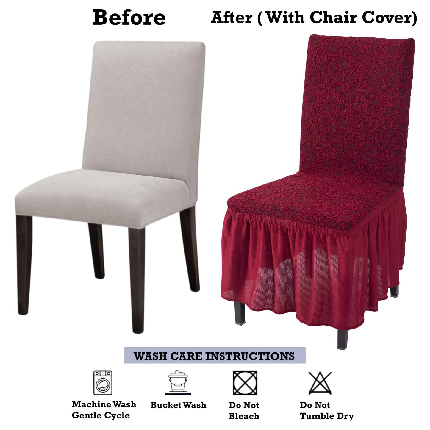 Elastic Stretchable Designer Woven Jacquard Dining Chair Cover with Frill, Wine Red