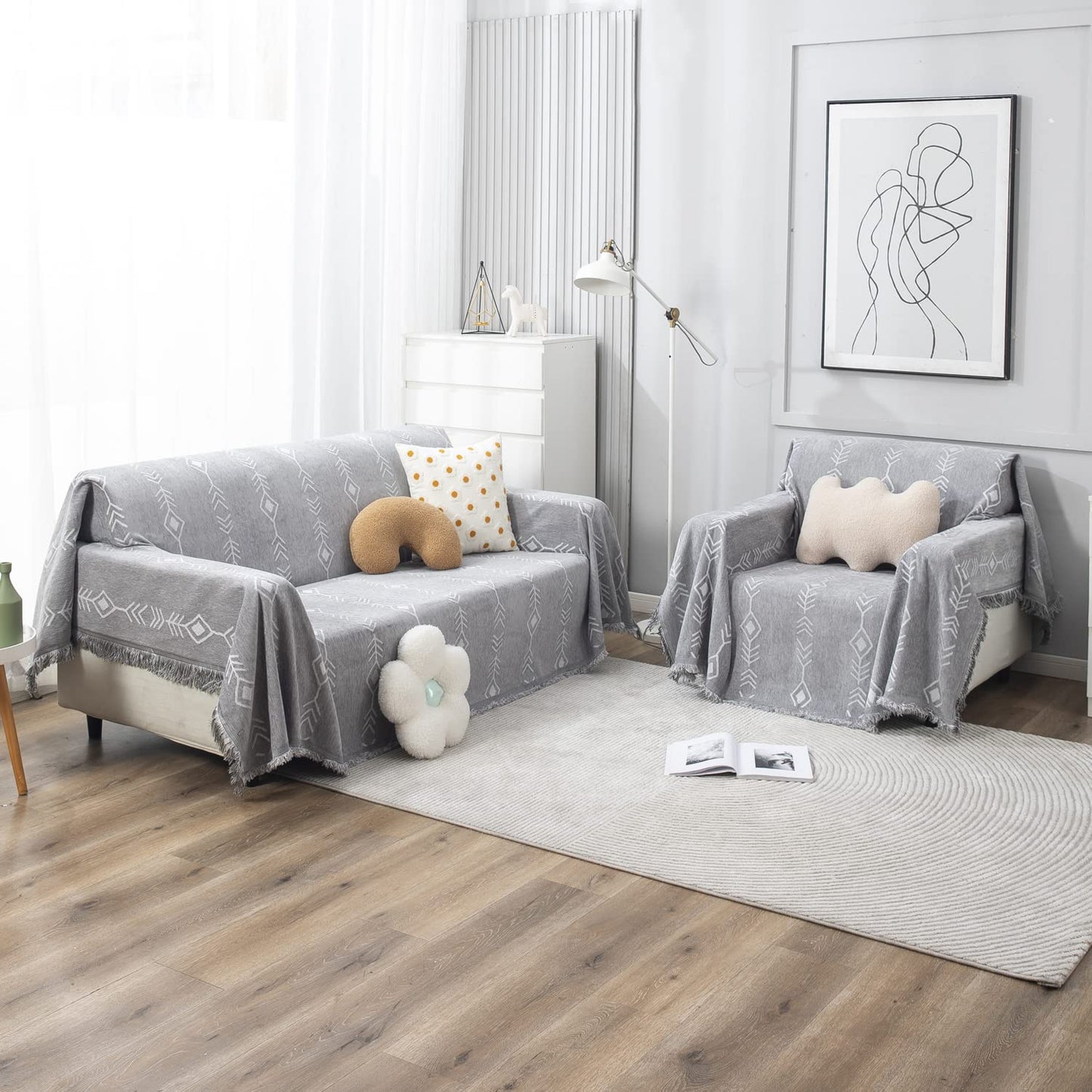 Thick, Soft and Pet Friendly Chenille Sofa Cover Throw, Grey Aztec