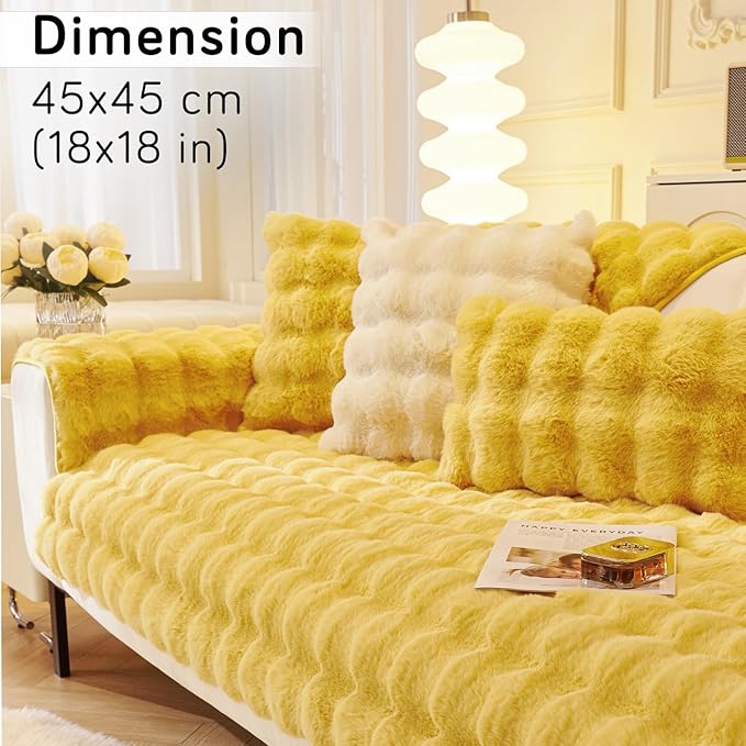 Premium Faux Rabbit Fur Anti Slip Sofa Cover Mat with 2 Armrest Cover and Cushion Cover, Honey Yellow