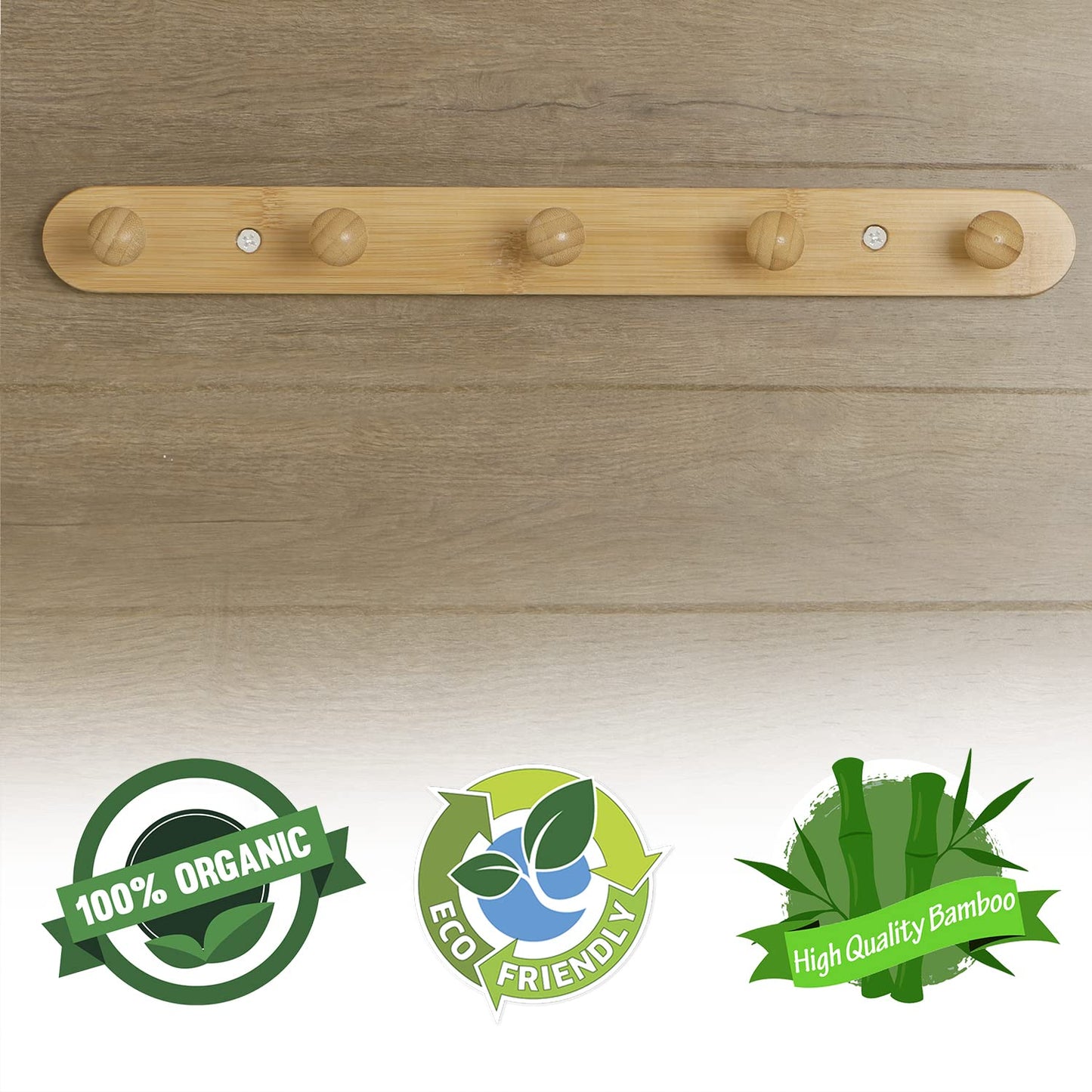 Bamboo Wooden Heavy Duty Wall Mounted Hooks for Hanging - 3/4/5 Hooks Rail