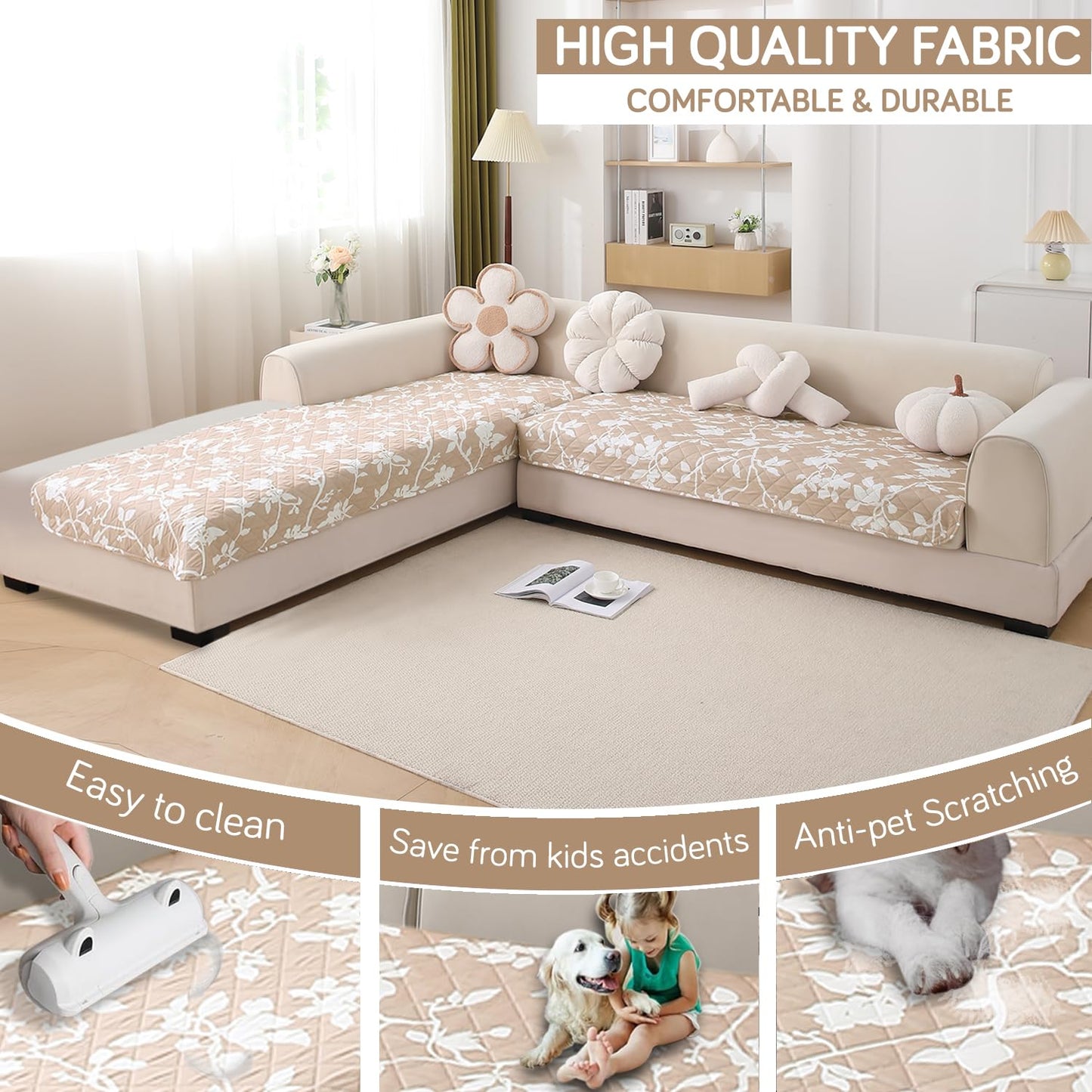 HOKIPO Waterproof Printed Quilted Quick Dry L Shape Sofa Seat Cover Mat, Buff Brown Sillehoute Floral