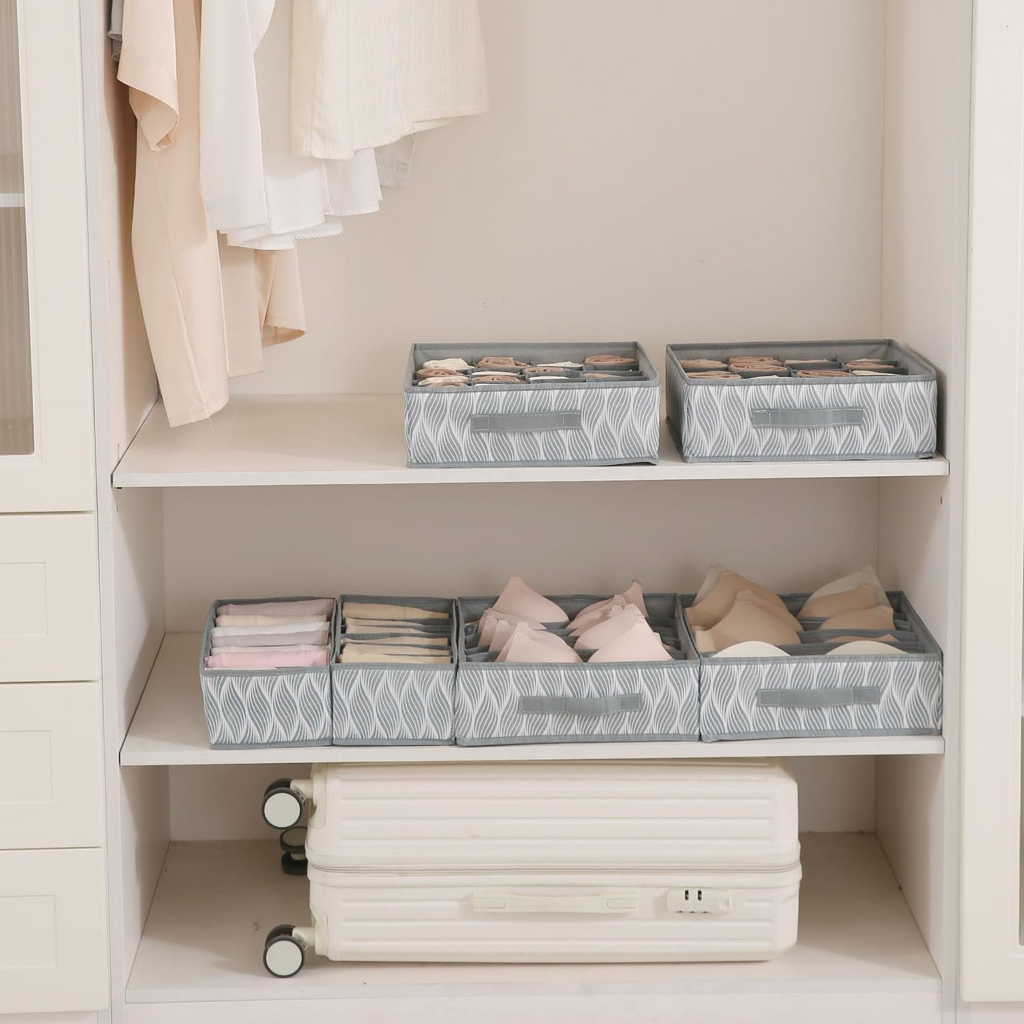 Lingerie Organizer for Women – Bra Organizer for Wardrobe & Drawers | Foldable Innerwear Organiser for Bras, Camisoles | Non-Woven Fabric, Grey leaves