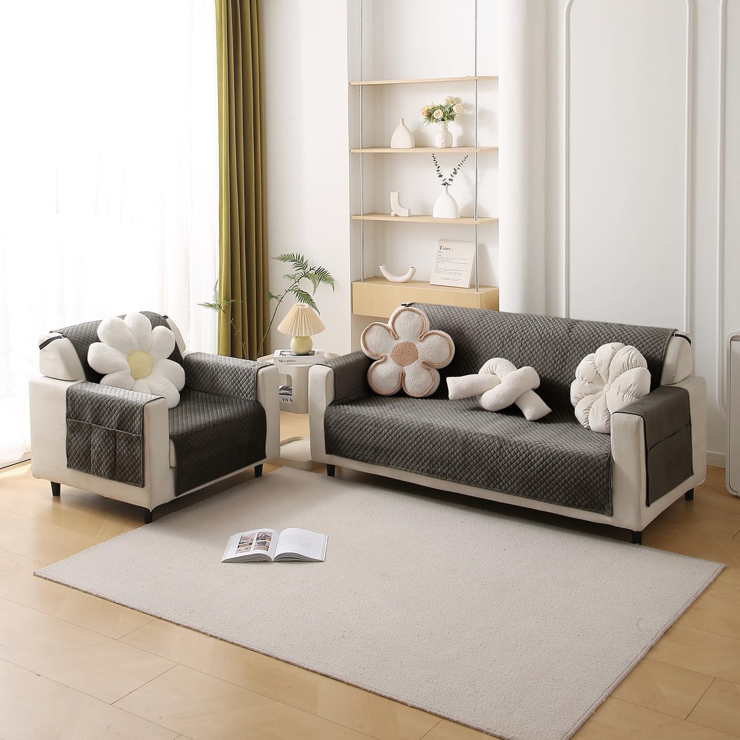 Quilted Velvet Sofa Cover Mat with Side Pockets, Pet Friendly, Taupe Brown