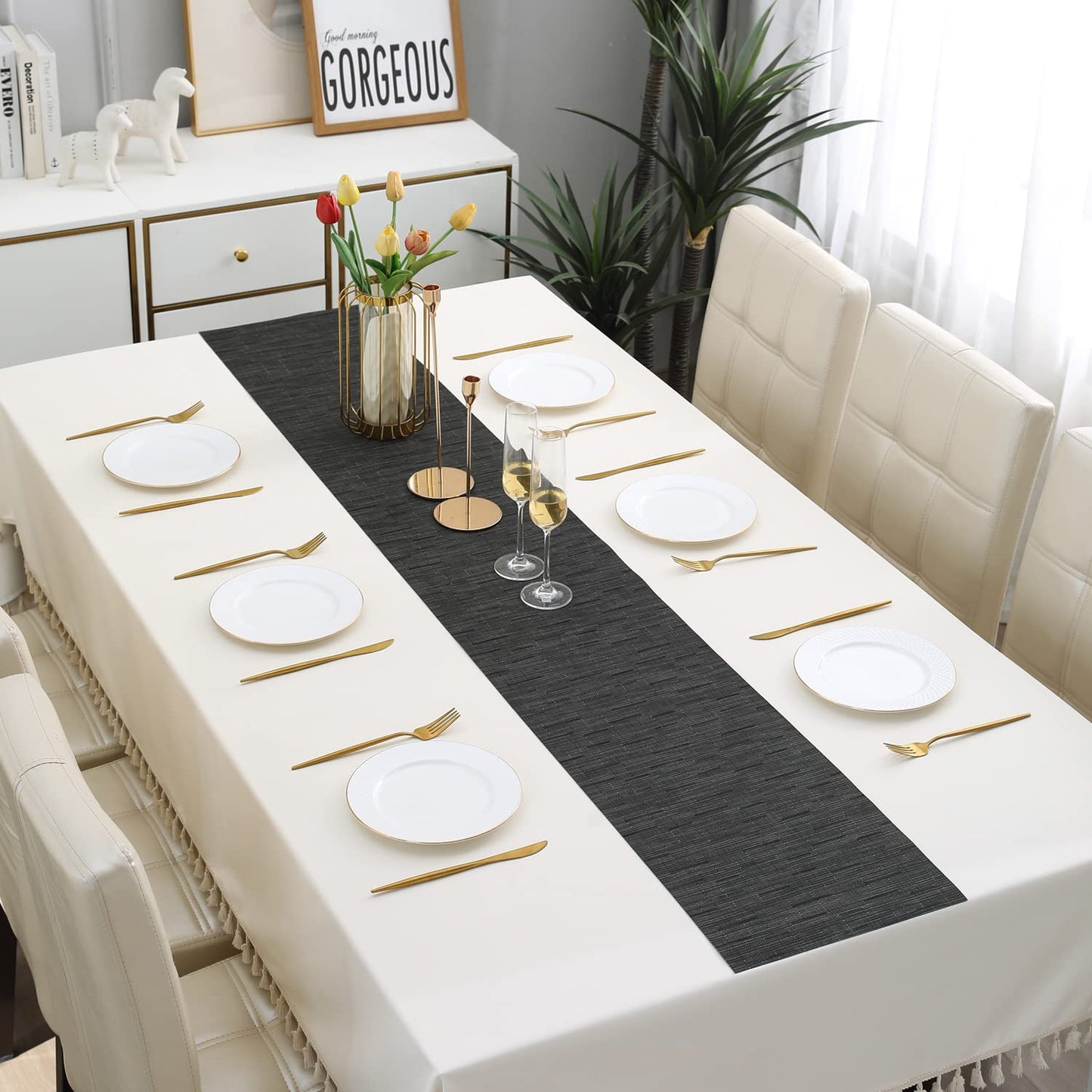 PVC Table Runner for Dinner and Coffee Table, Textured Black