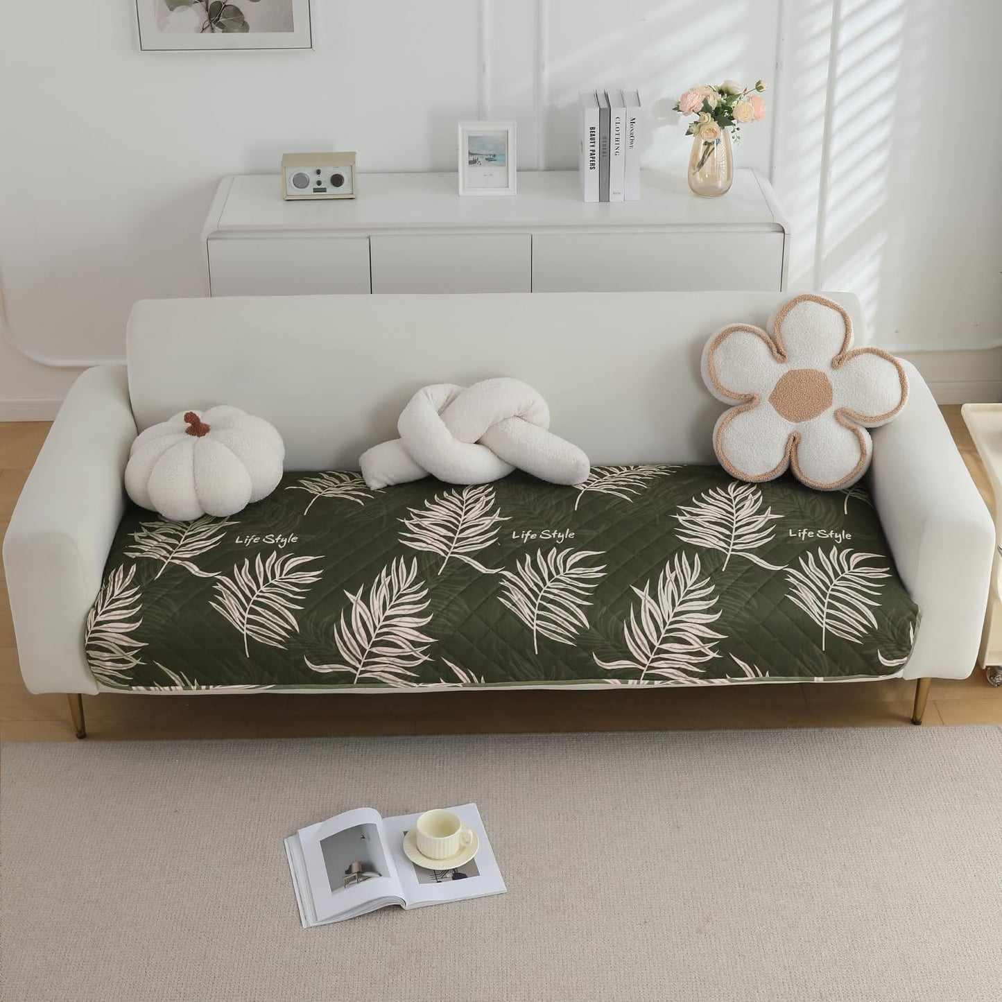 Quilted, Waterproof and Anti-Slip Sofa Cover Mat, Palm Leaves Olive