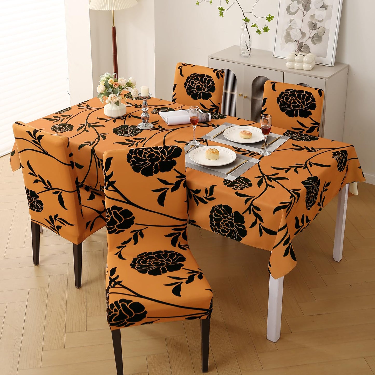 Elastic Dining Chair Covers with Matching Tablecloth, Copper Brown Floral