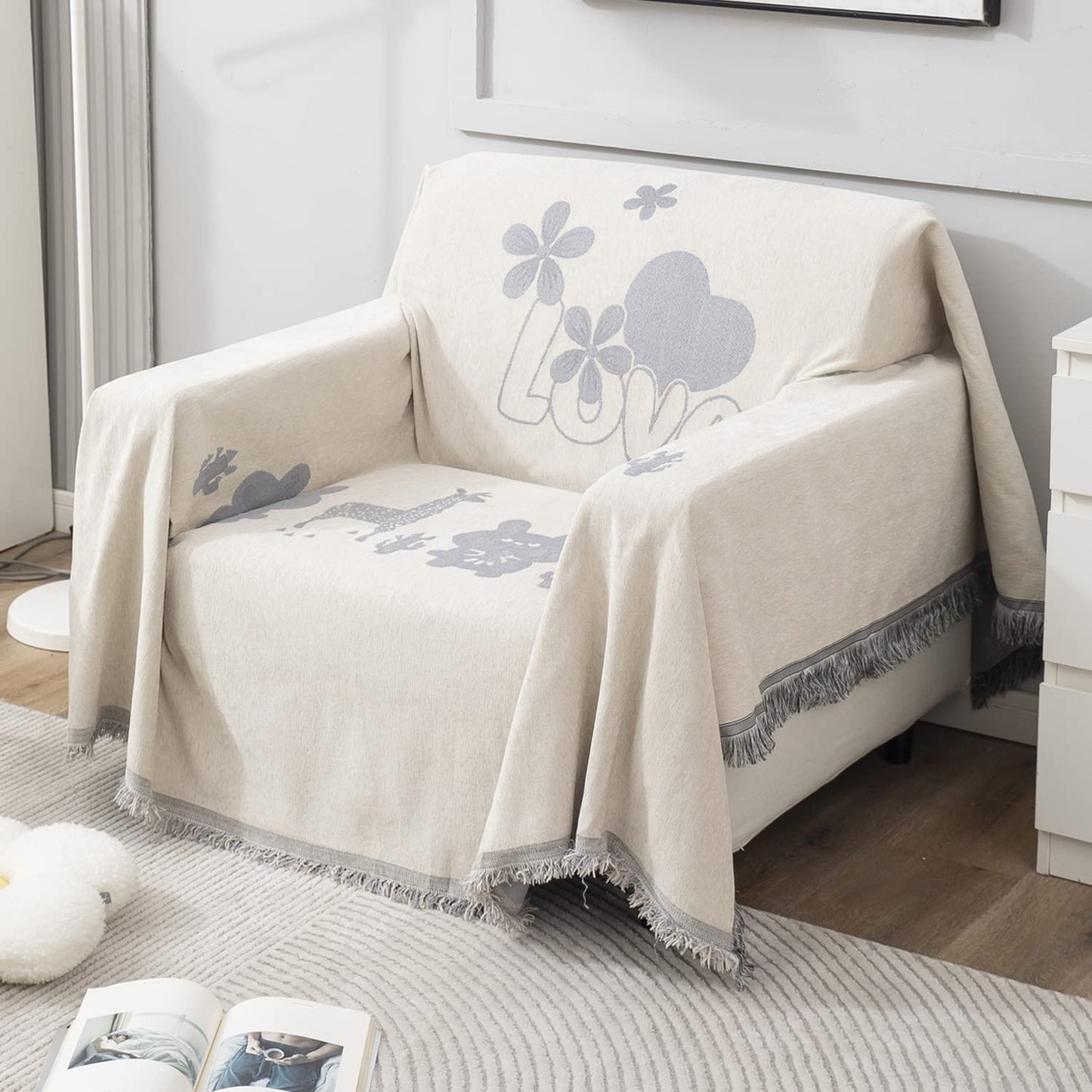Off-White Nature, Soft and Pet Friendly Chenille Sofa Throw Cover