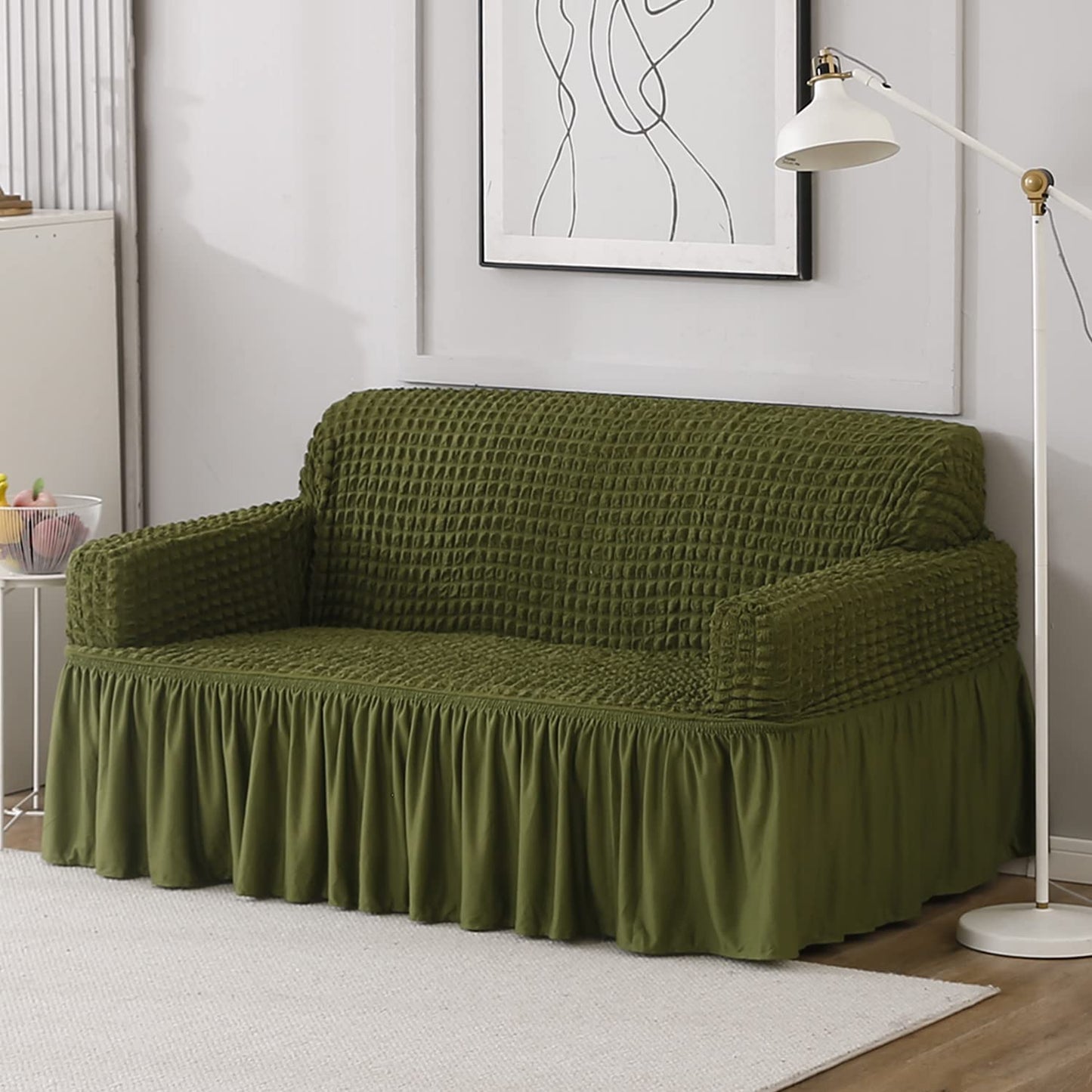 Forest Green 3 seater Elastic Turkish Bubble Frilled sofa cover set