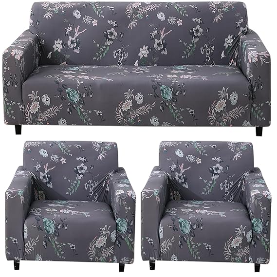 Bentonite Grey Budding Florals Printed stretchable sofa cover 3+1+1 seater sofa cover