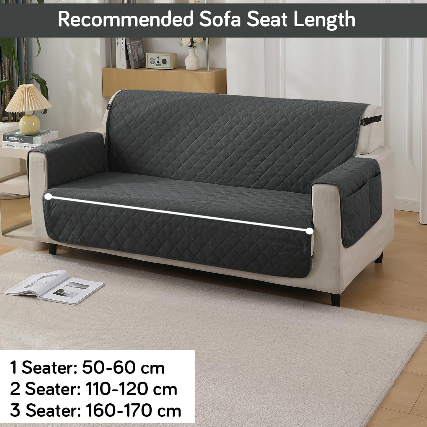 Quilted Waterproof Sofa Cover Mat with Pockets on Armrest Cover - Grey