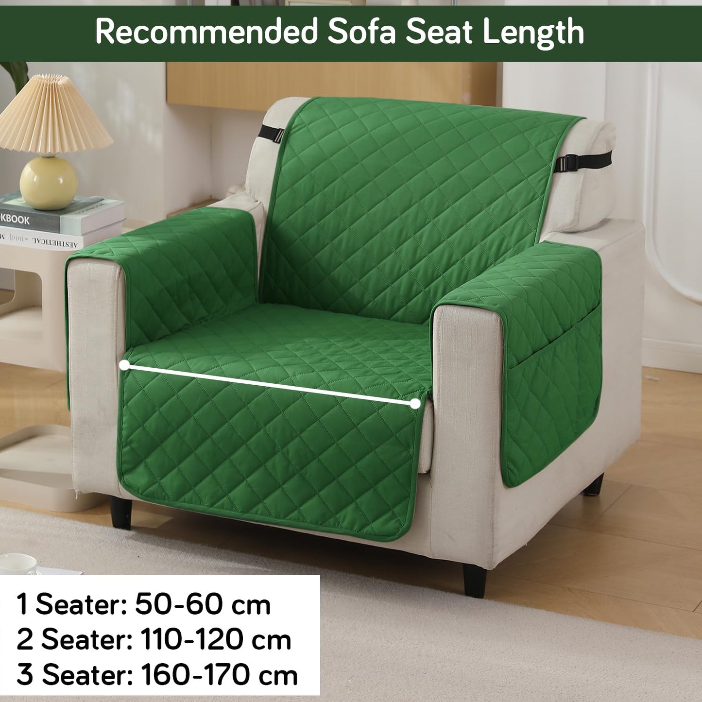 Quilted Waterproof Sofa Cover Mat with Pockets on Armrest Cover - Green