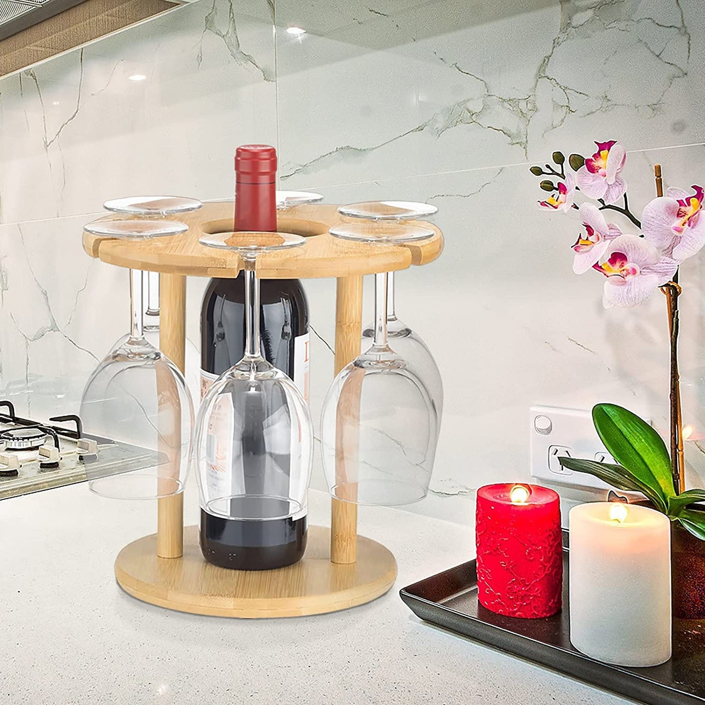 Bamboo Wine Glass Rack Counter Table Top Wooden Wine Bottle Storage Holder for Kitchen, Bar, Cabinets Holds 6 Glass