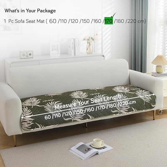 Quilted, Waterproof and Anti-Slip Sofa Cover Mat, Palm Leaves Olive