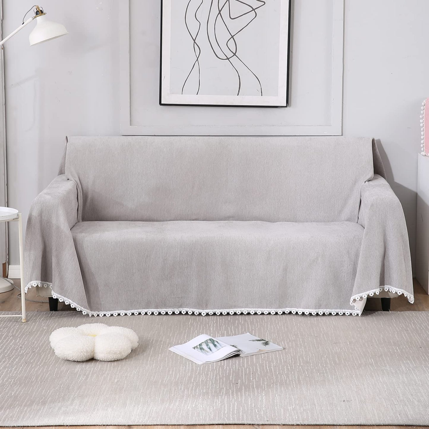 Grey colour chenille sofa throws in size 180(D)x180(L) for one seater, 180(D)x230(L) for two seater, 180(D)x300(L) for 3 seater