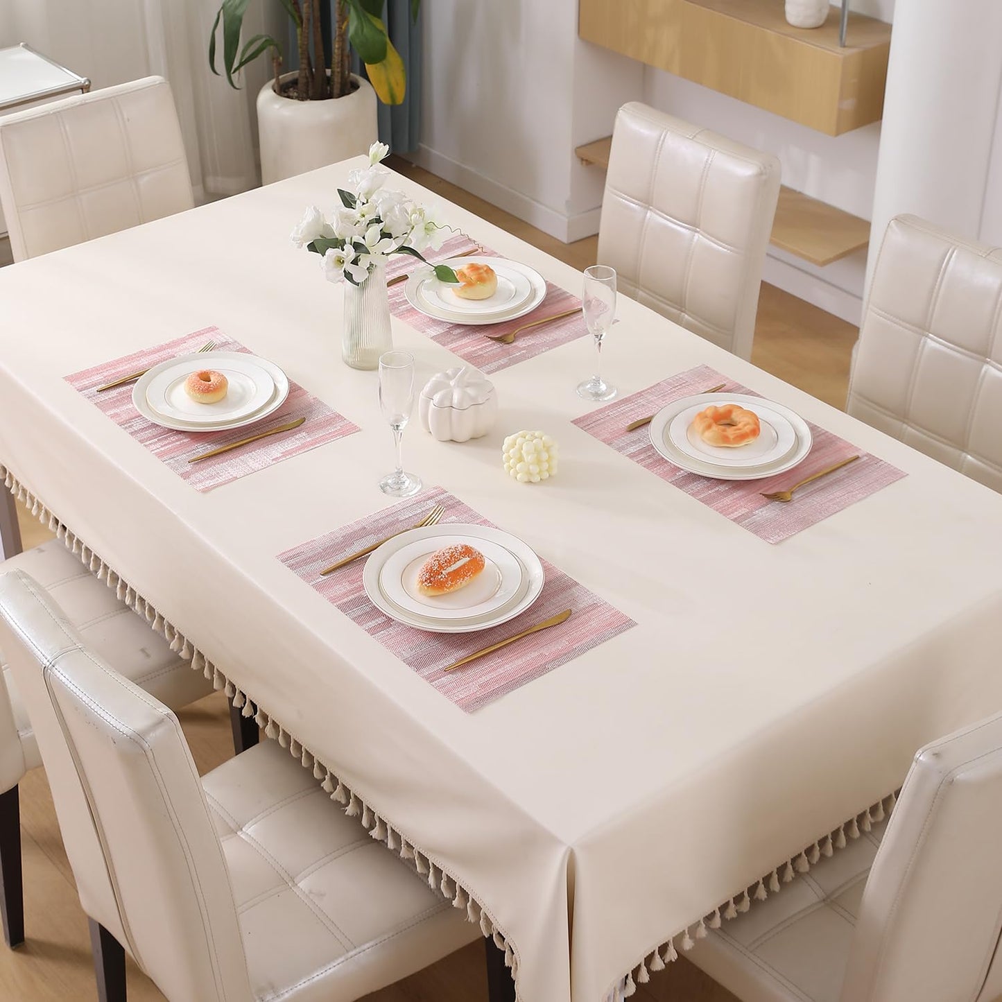 HOKIPO PVC Dining Table Mats and Runner Set of 4/6, Rosemilk Essence Vertical Lines
