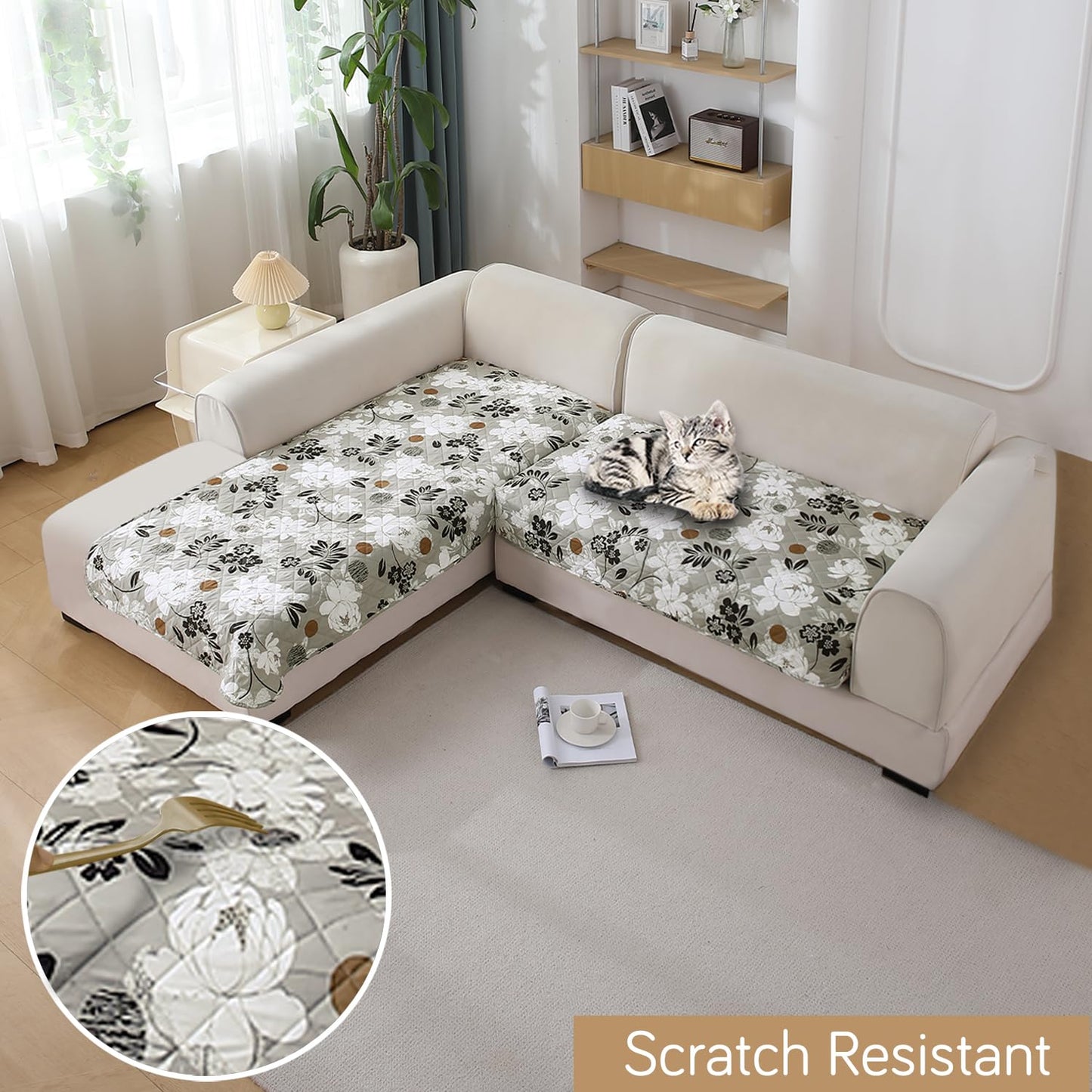 Waterproof Printed Quilted Quick Dry L Shape Sofa Seat Cover Mat, Feather Brown Floral