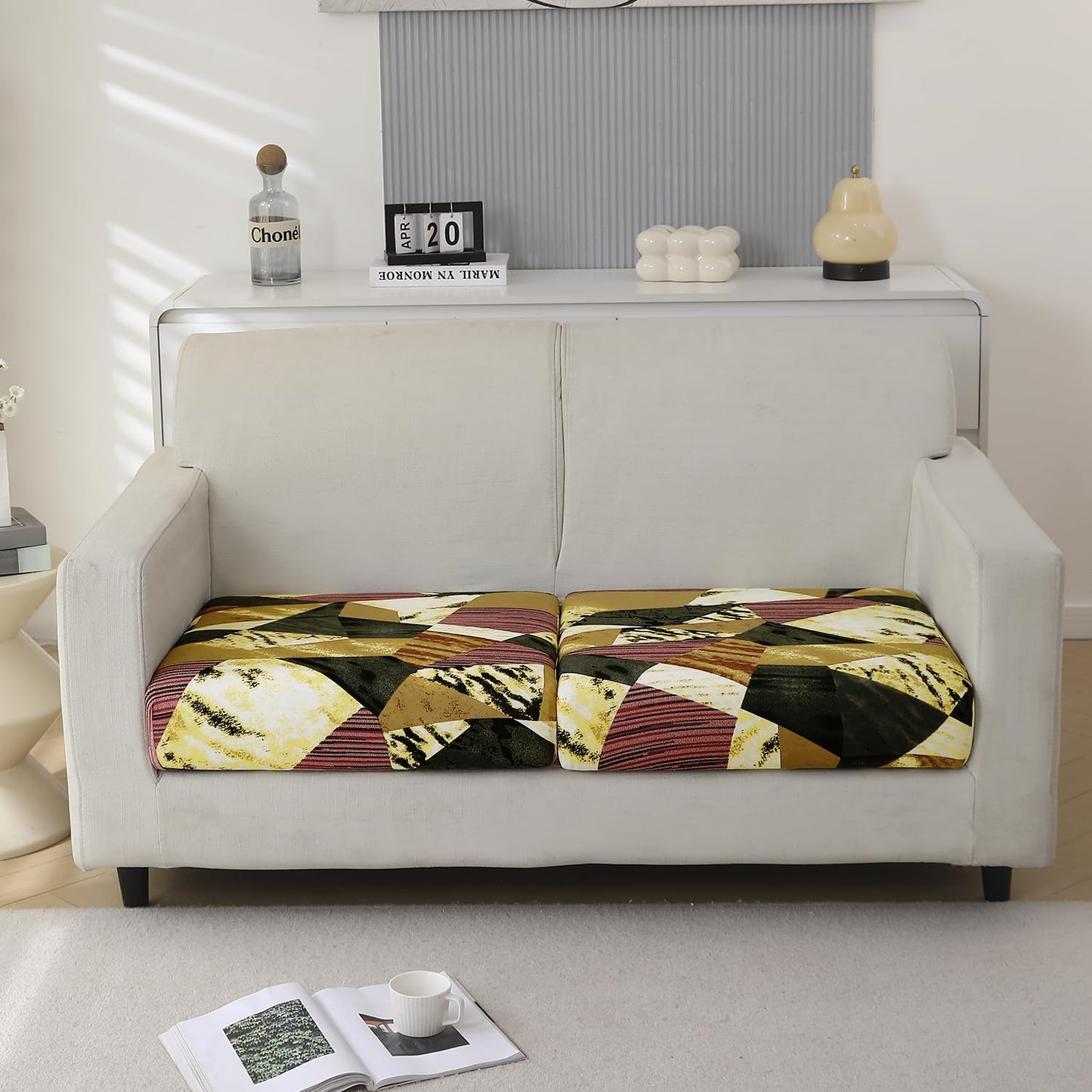 140 GSM Stretchable Printed Elastic Sofa Cushion Seat Cover for 1 /2 /3 Seaters / Pieces for Sofa, Wine Abstract Geometry