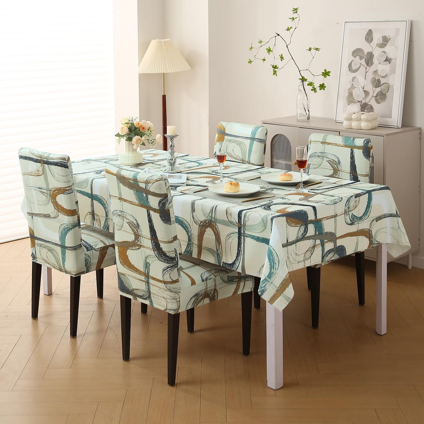 Elastic Dining Chair Covers with Matching Tablecloth, Parchement Beige Abstract Art