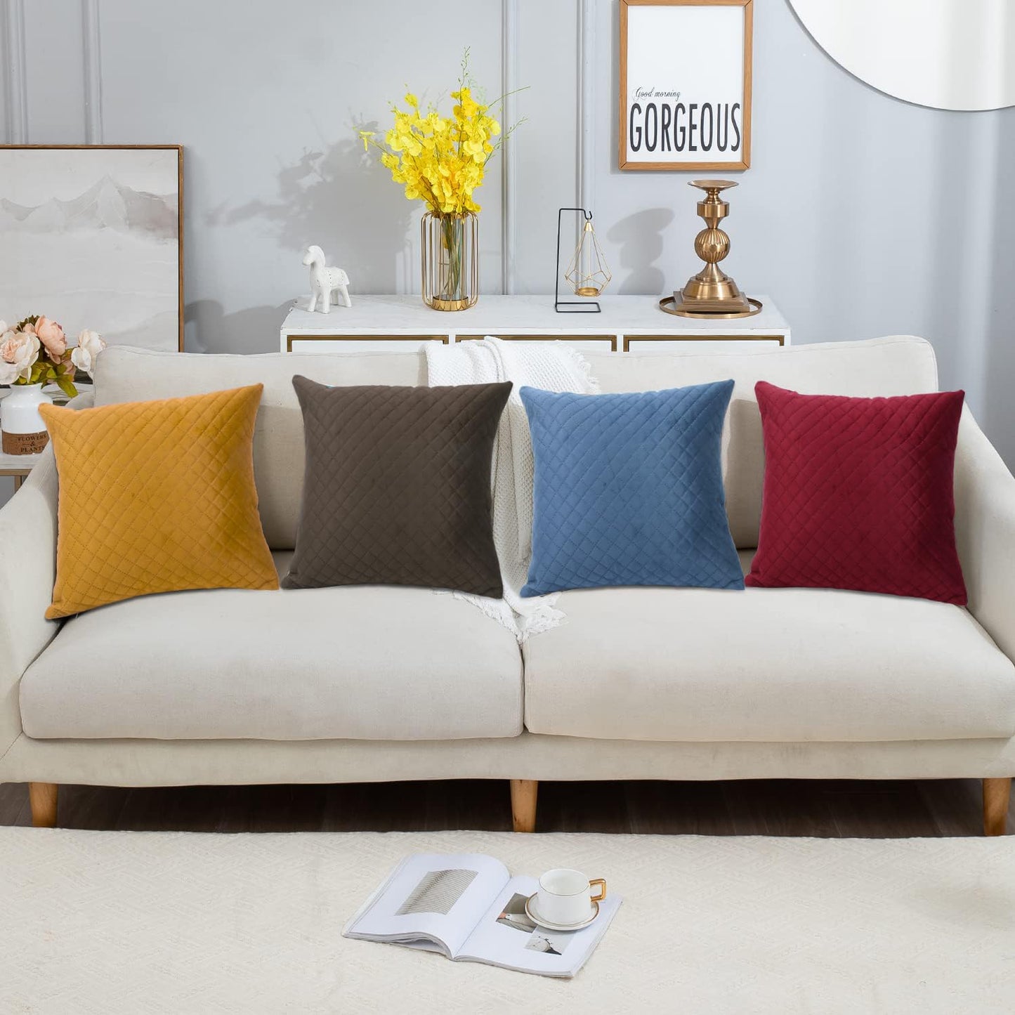 Quilted Velvet Sofa Cushion Cover Pack of 2, Mustard Yellow
