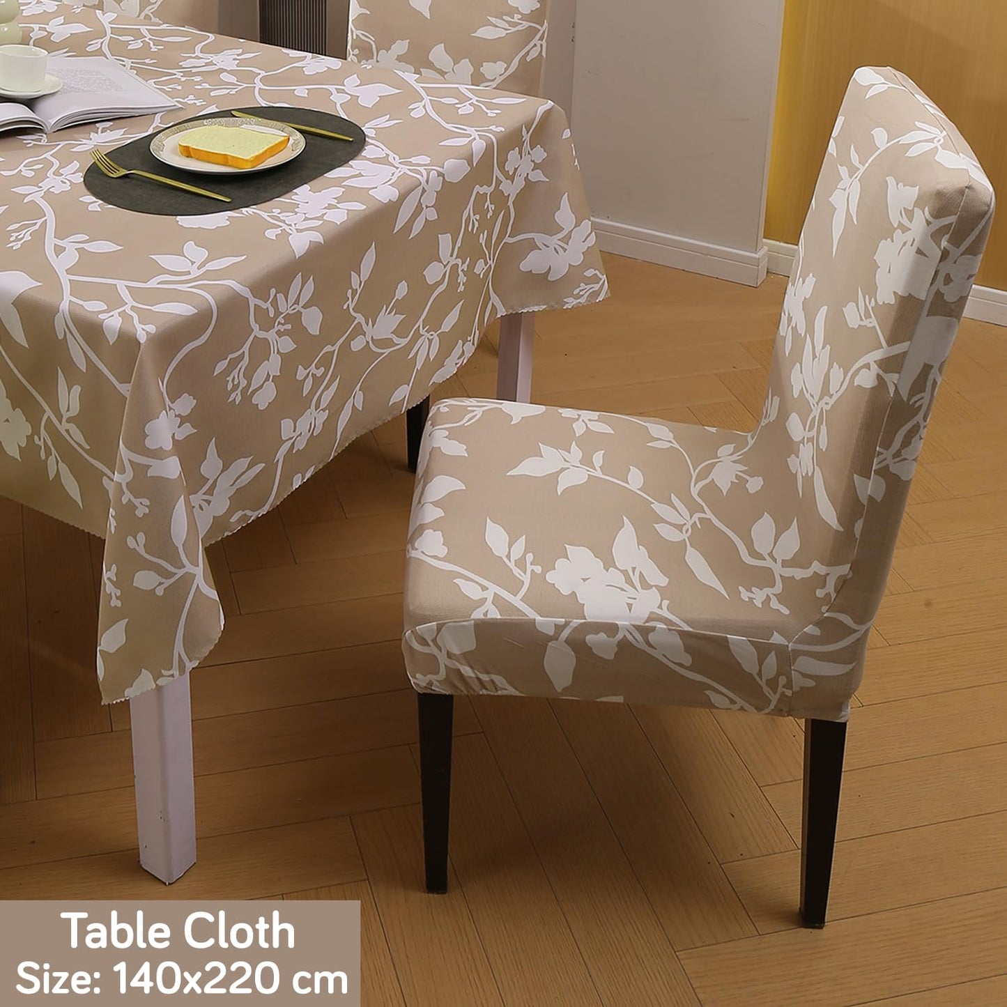 Elastic Dining Chair Covers with Matching Tablecloth, Buff Brown Sillehoute Floral