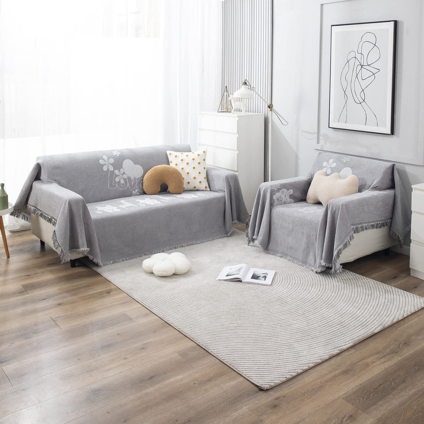 Thick, Soft and Pet Friendly Chenille Sofa Cover Throw, Grey Nature