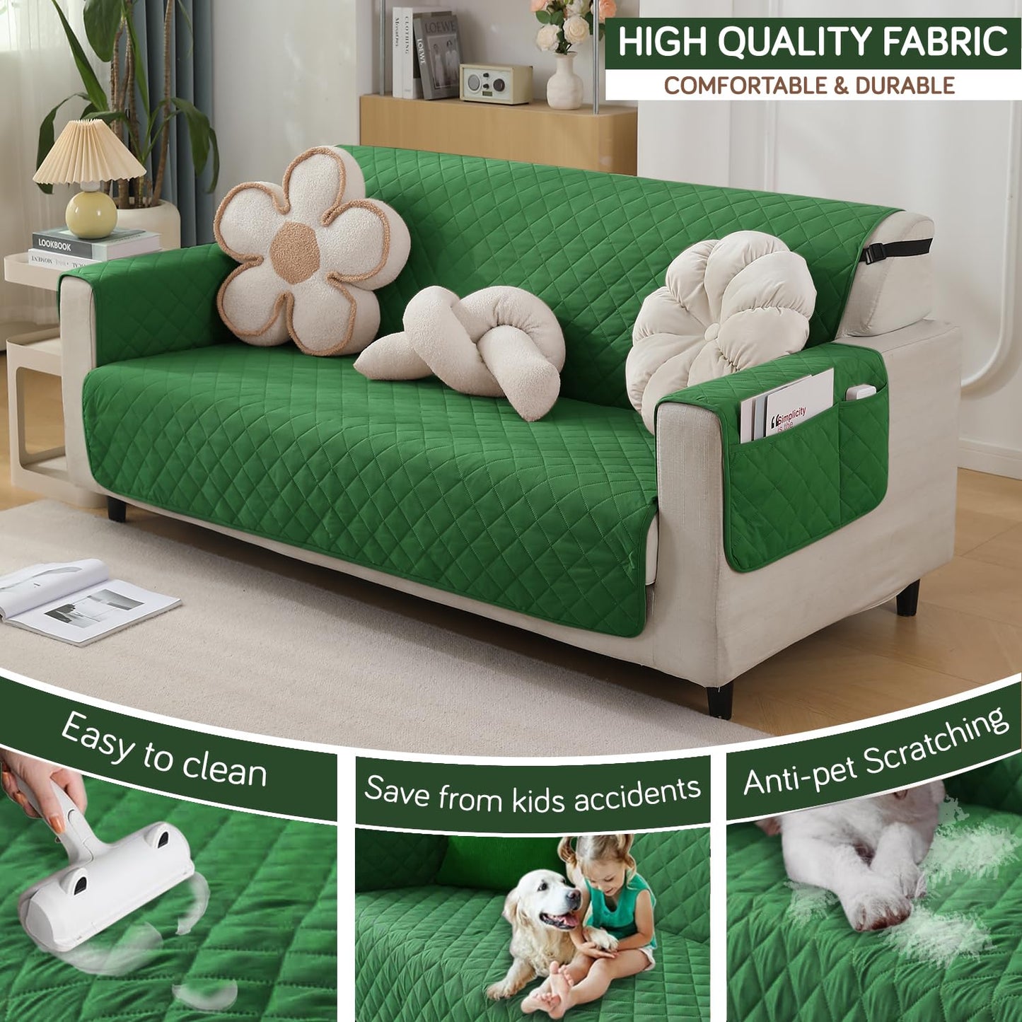 Quilted Waterproof Sofa Cover Mat with Pockets on Armrest Cover - Green