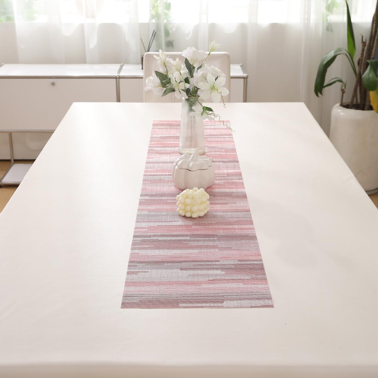 HOKIPO PVC Dining Table Mats and Runner Set of 4/6, Rosemilk Essence Vertical Lines