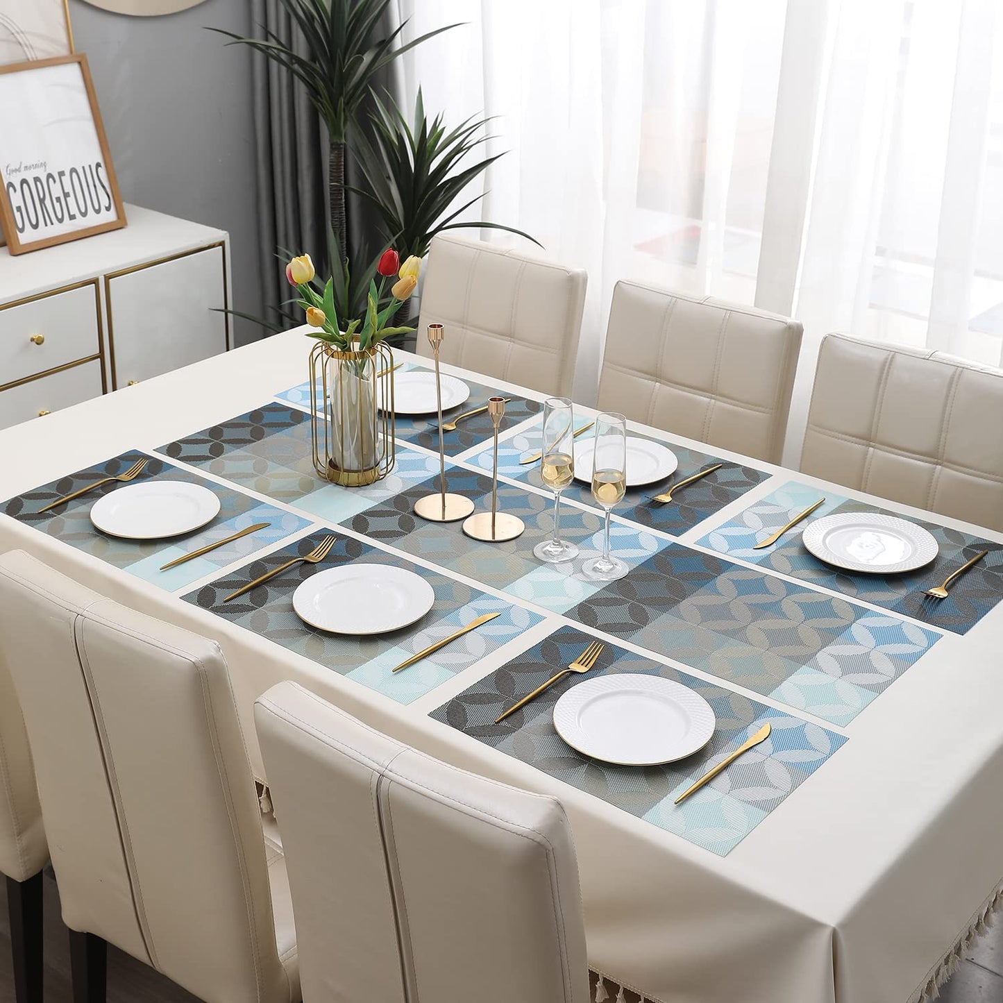 PVC Dining Table Mats, Geometric Blue