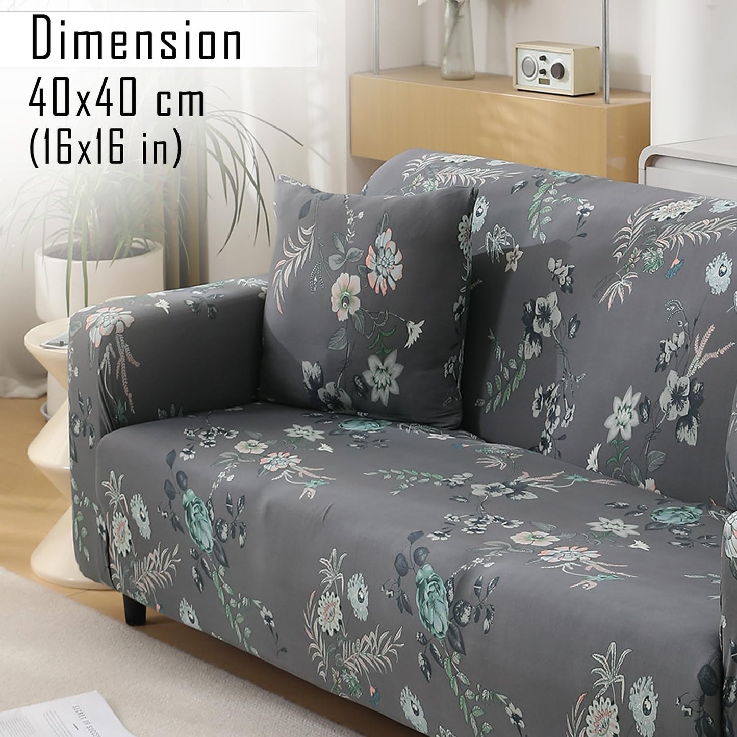 HOKIPO Stretchable Pack of 2 Cushion Cover 16x16, Bentonite Grey Budding Florals