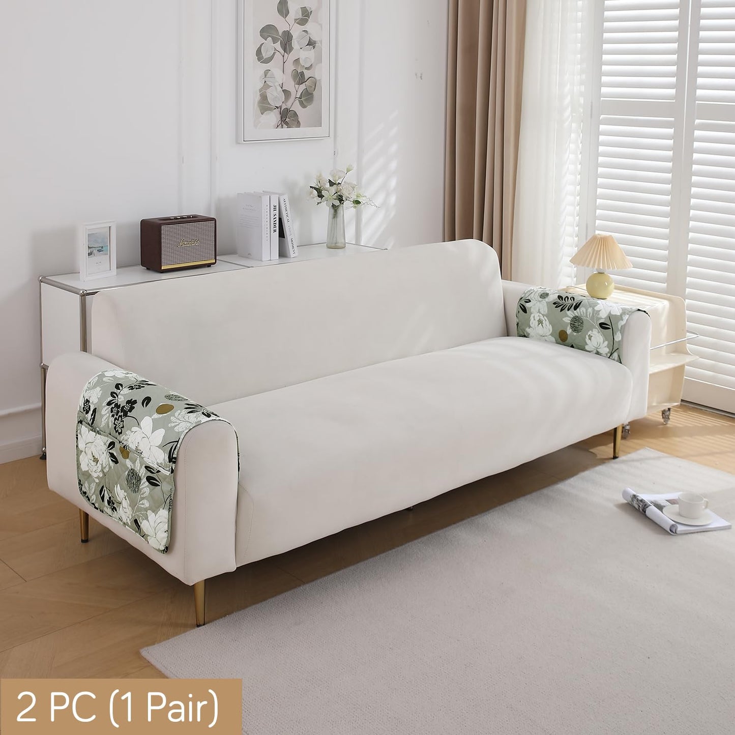 Water Repellent & Waterproof Sofa Armrest Covers with Pockets (Set of 2) - Feather Brown Floral