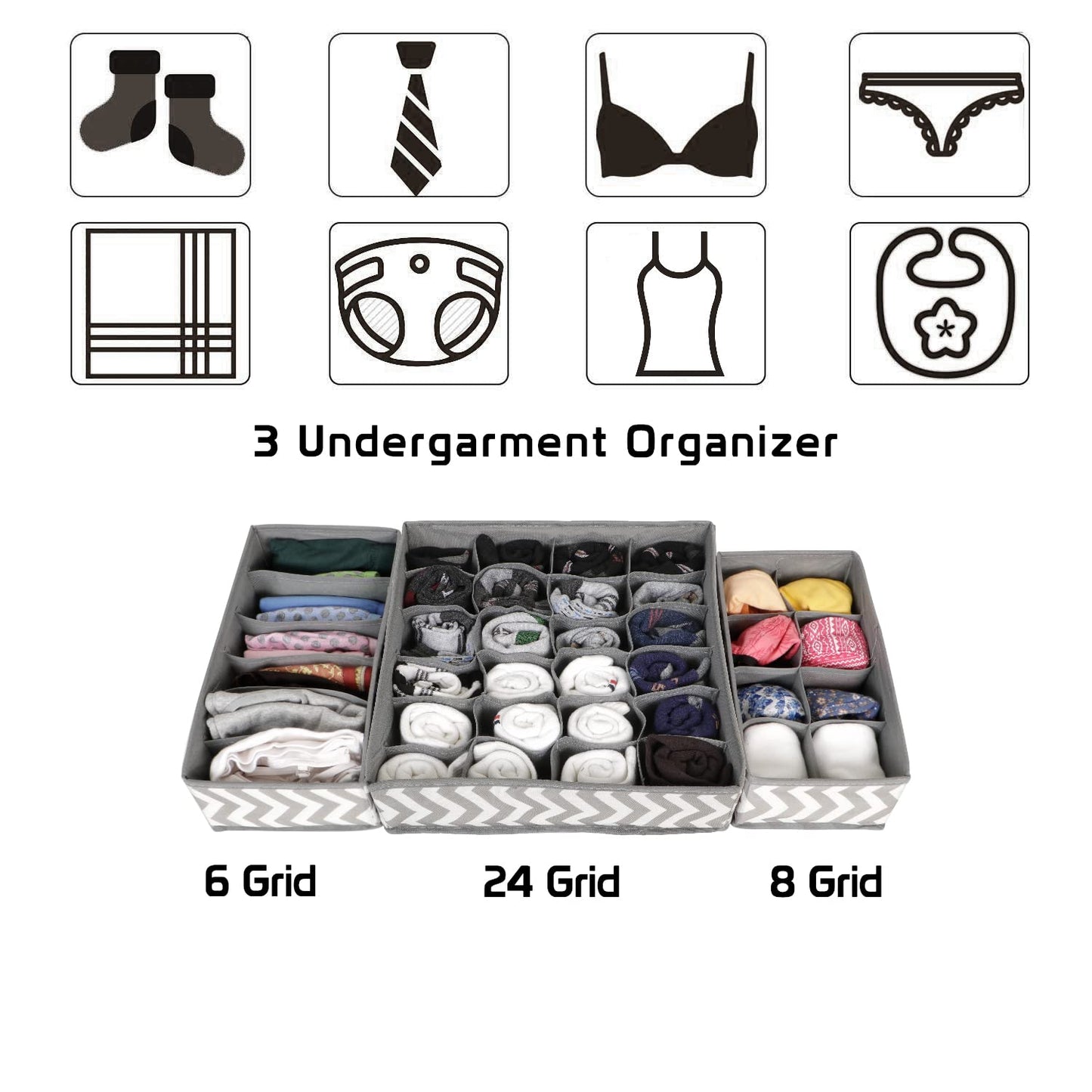 3 Pcs Fabric Undergarment Organizer Storage Box For Drawers Bra Panty Socks Tie Lingerie Organizer For Wardrobe, 24X8X6 Grid, Grey