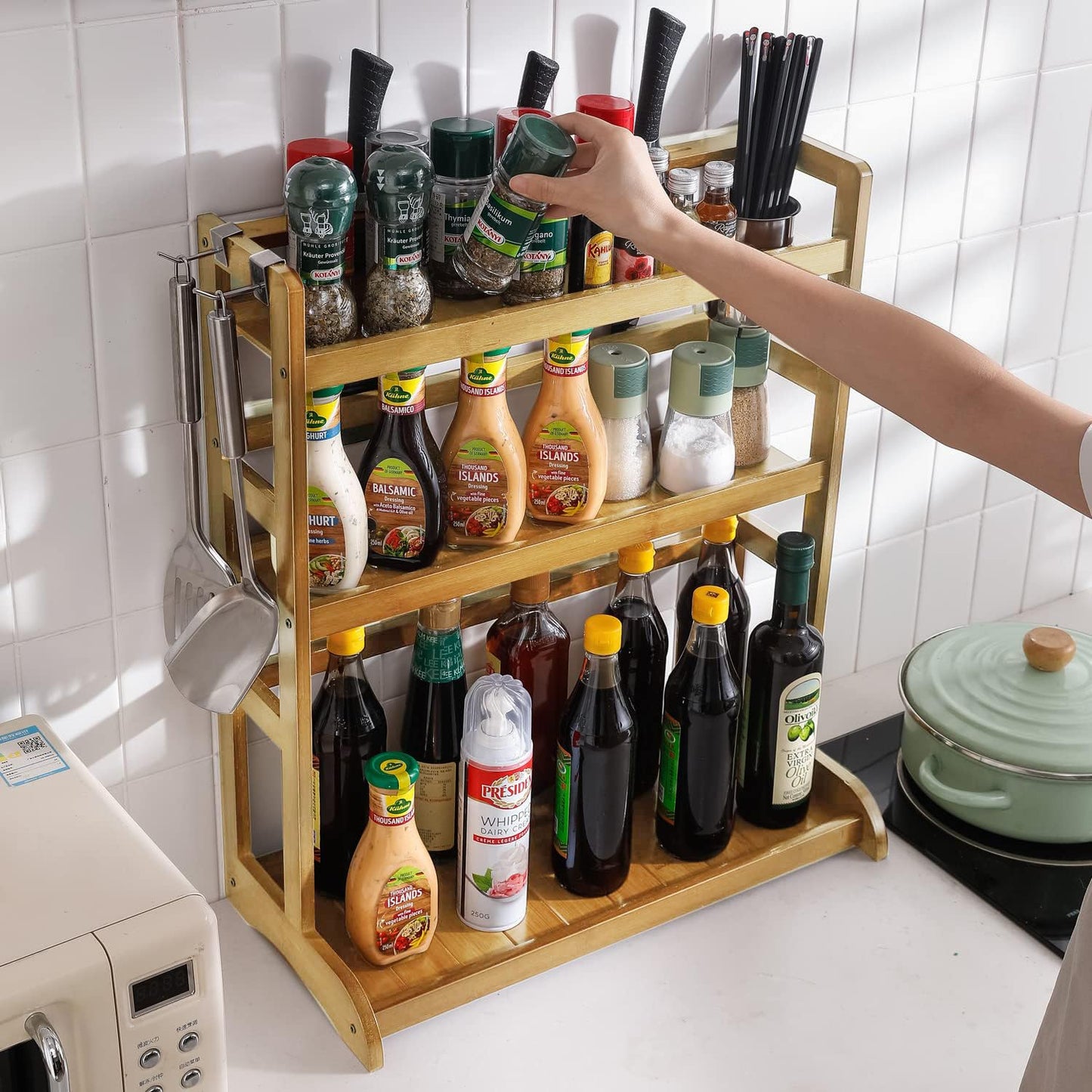 Bamboo 3 Tier Tabletop Mount Spice Rack Organizer For Kitchen Platform Counter Top Rack Storage Shelf Stand