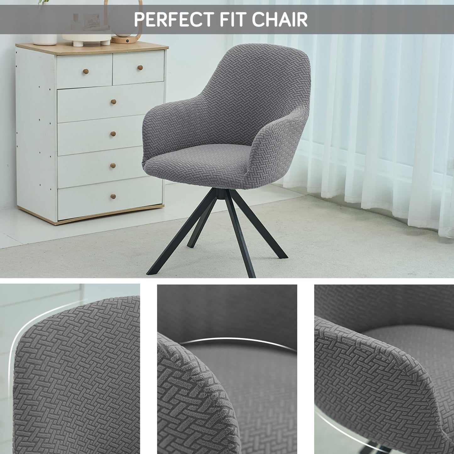 Premium Jacquard Fully Covered Cover for Swivel Dining Chair with Arms, Grey