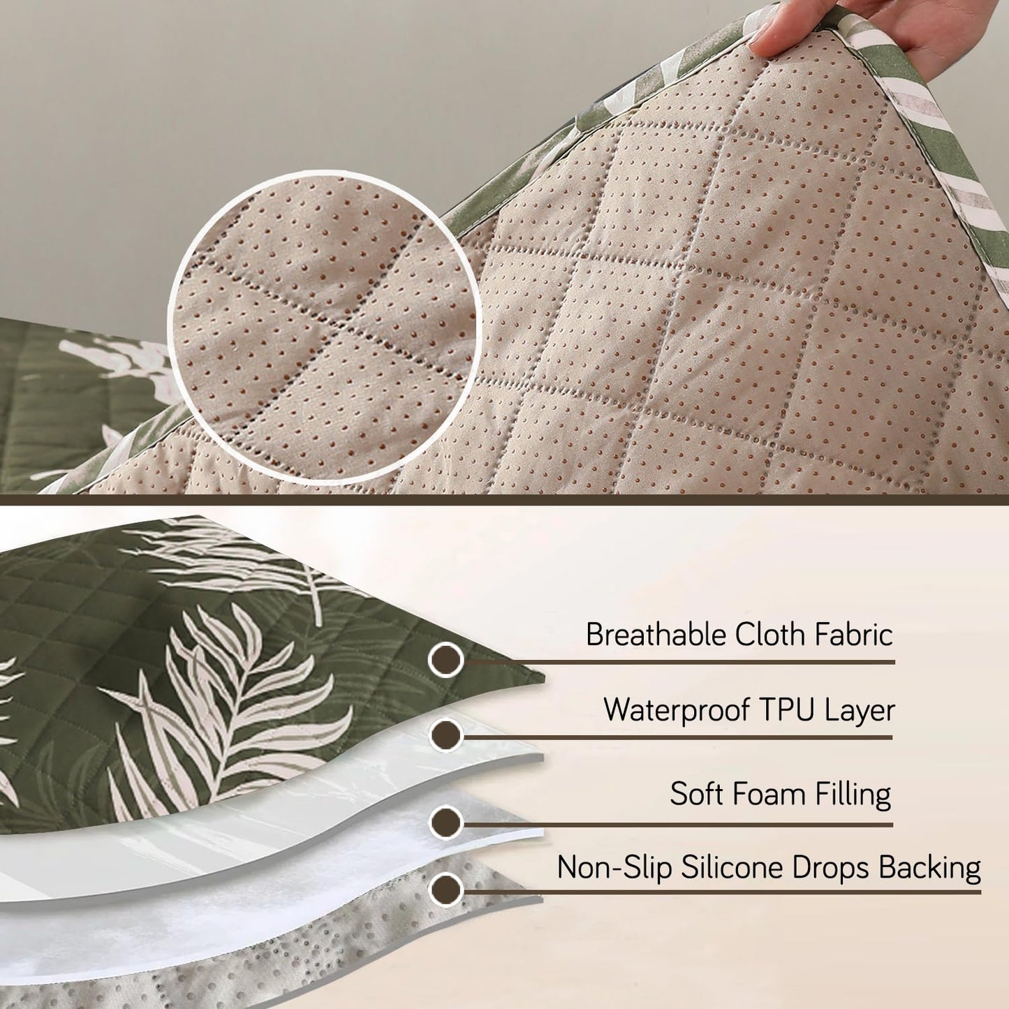 Quilted, Waterproof and Anti-Slip Sofa Cover Mat, Palm Leaves Olive