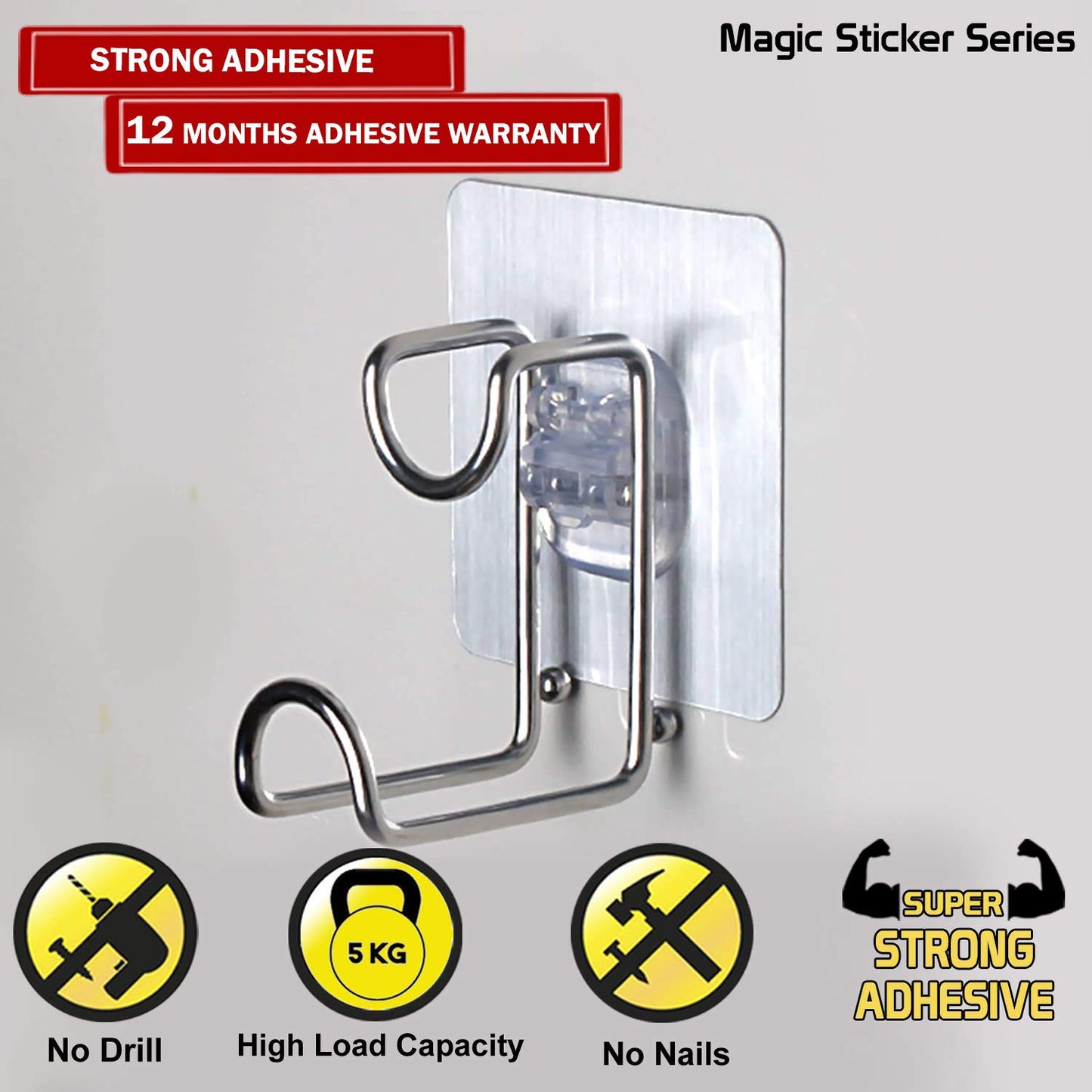 Magic Sticker Series Glass Wall Adhesive L Hooks With Load Capacity 5 Kg Each - Pack Of 1/2/4, Silver