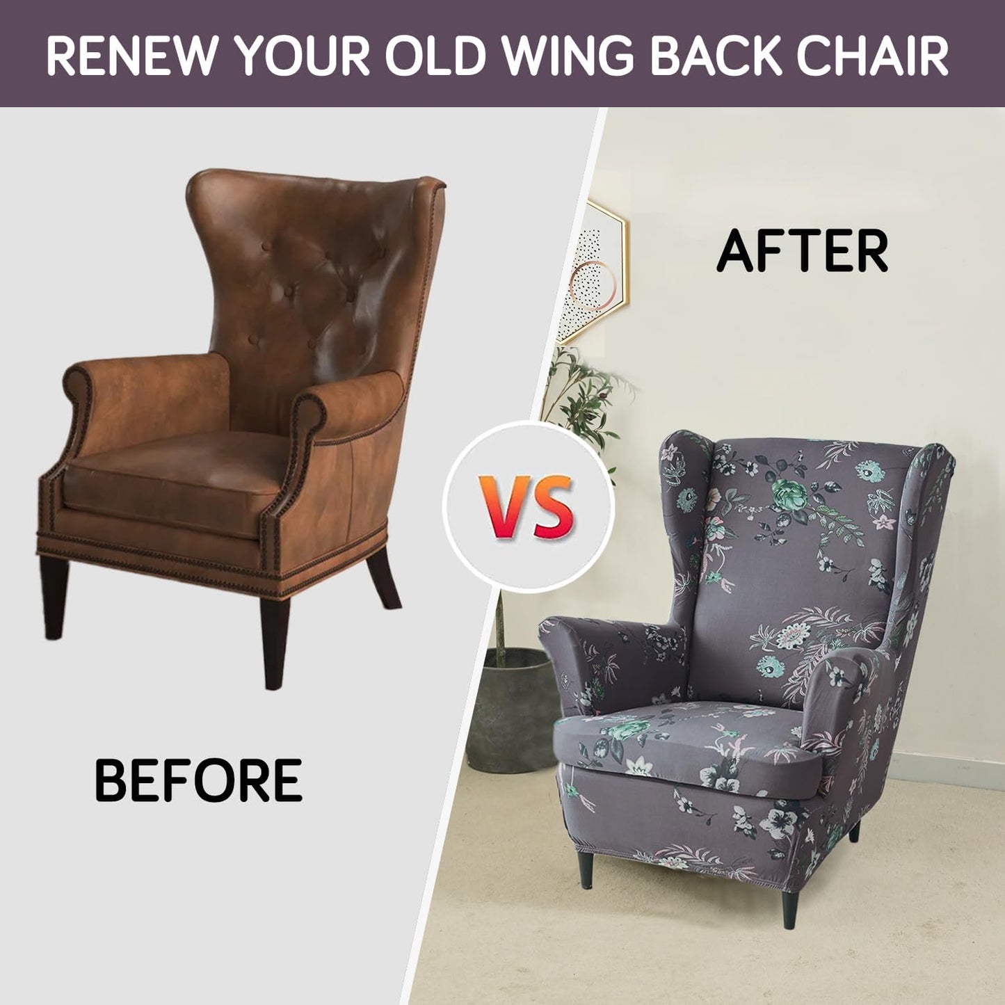 Stretchable 140 GSM Wing Chair Cover, Bentonite Grey Budding Florals