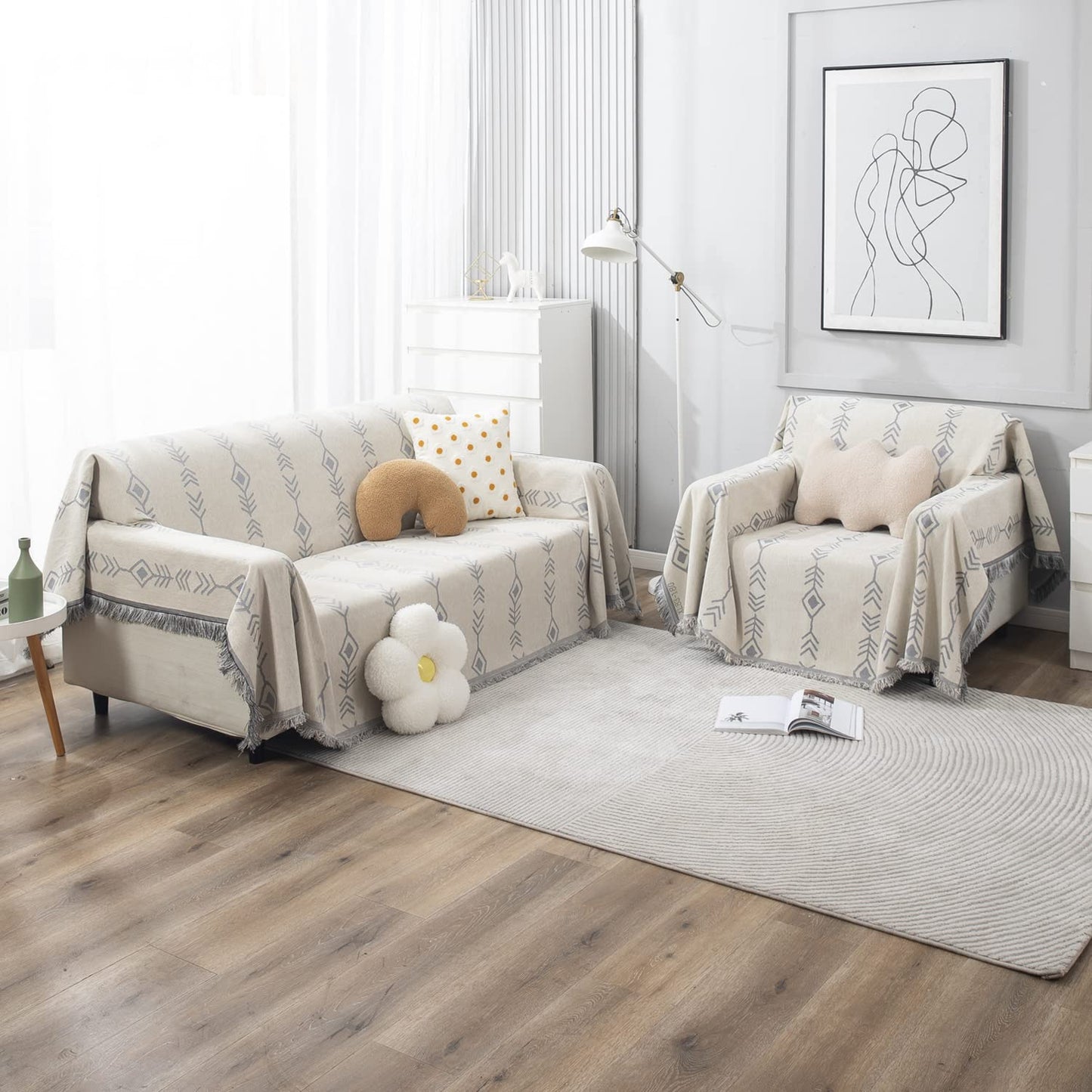 Thick, Soft and Pet Friendly Chenille Sofa Cover Throw, Off-White Aztec